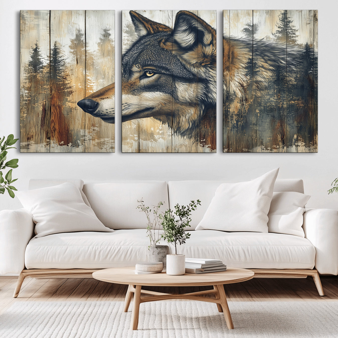 -Rustic Wolf Wall Art Canvas Print, Vintage Woodland Wolf Wall Art