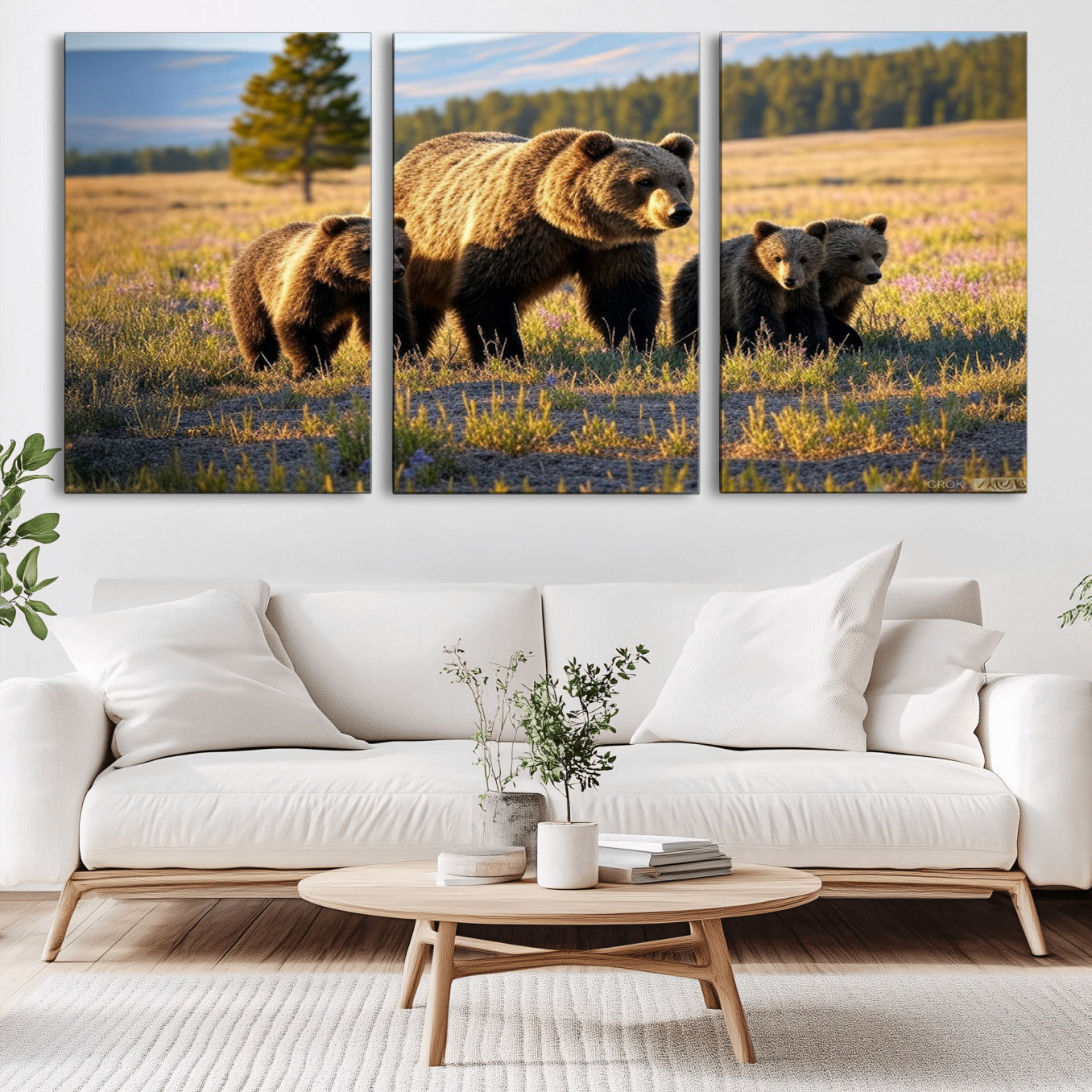 -Grizzly 399 in Wild Flowers Wall Art Canvas Print, Grizzly Bears Wall Art, Queen of Grand Teton