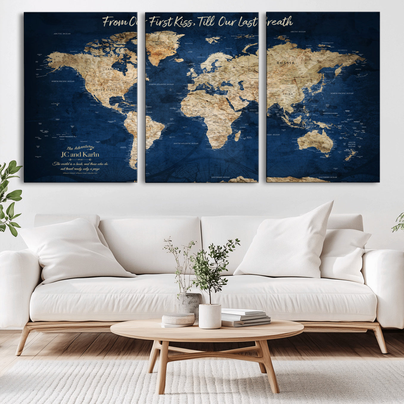 -Personalized Push Pin World Map Canvas Print – Custom Couple Travel Tracker Wall Art, Framed Anniversary Gift for Home Decor