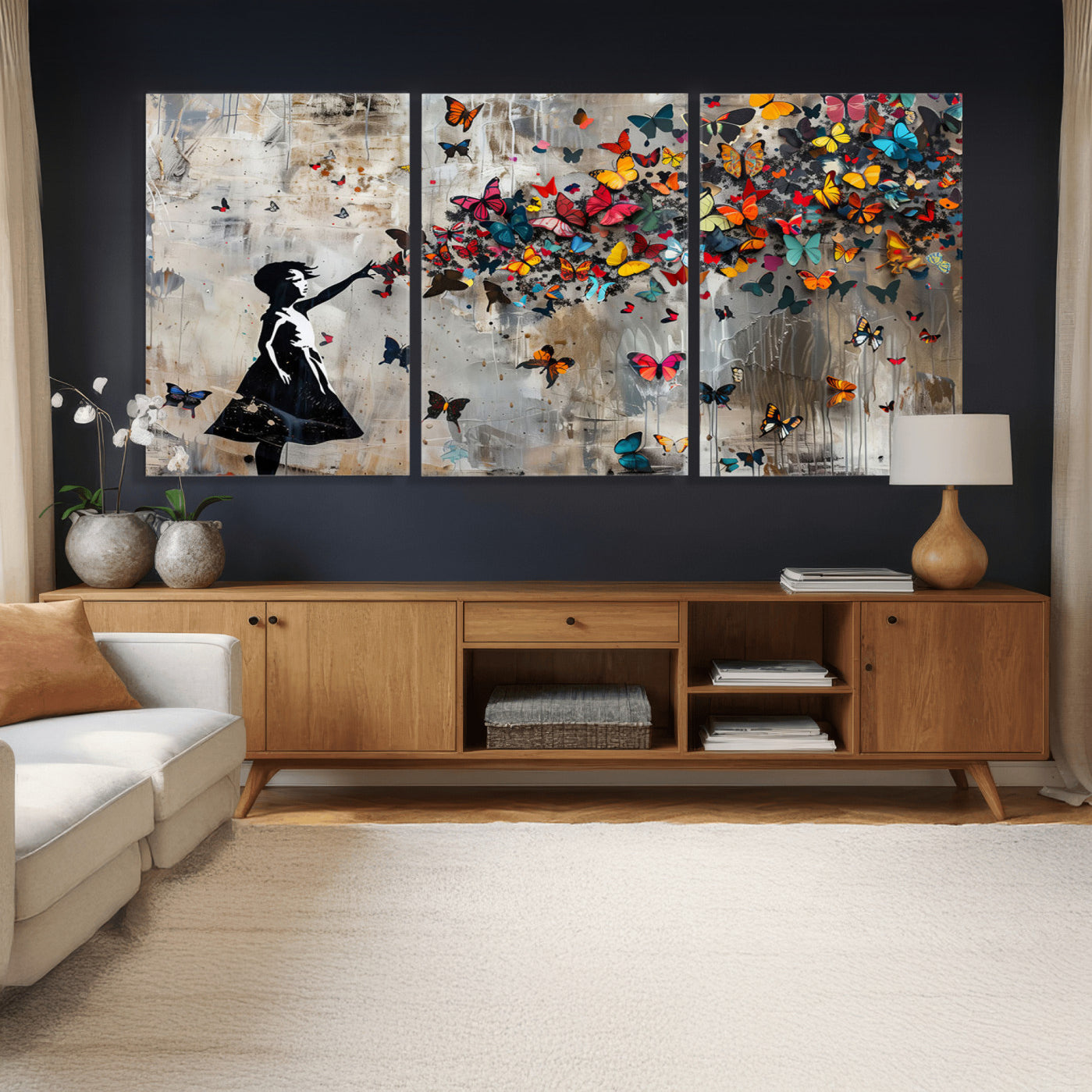 51446-MGV-CV-36X24 - Framed Banksy Butterfly Girl Wall Art ,3-Piece Butterfly Girl Canvas, Modern Graffiti Canvas Print