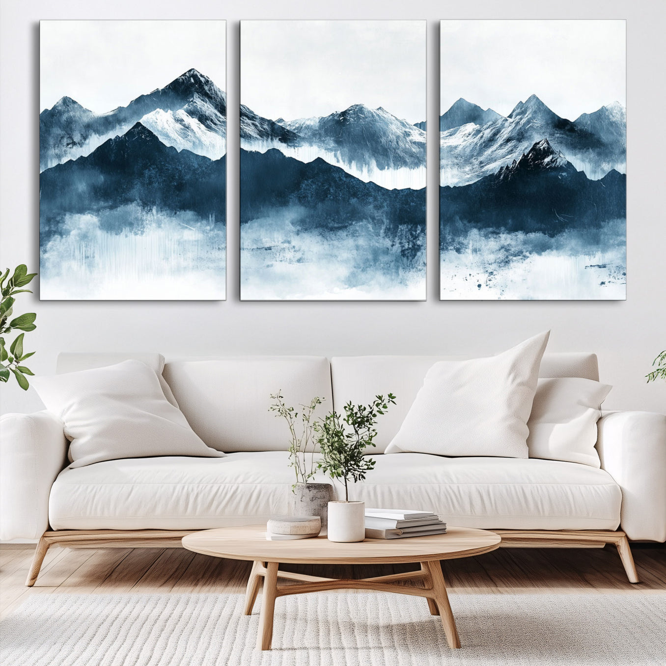 Abstract blue-toned canvas of snowy mountains in misty tones, ideal for minimalist or moody alpine-inspired home decor.