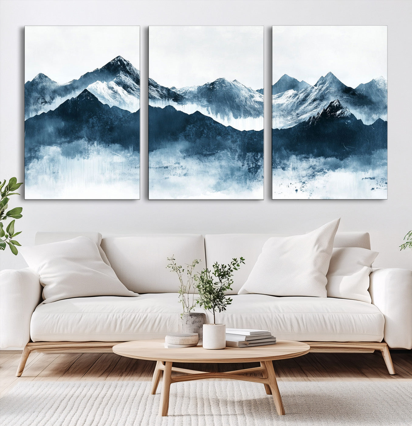 Abstract blue-toned canvas of snowy mountains in misty tones, ideal for minimalist or moody alpine-inspired home decor.