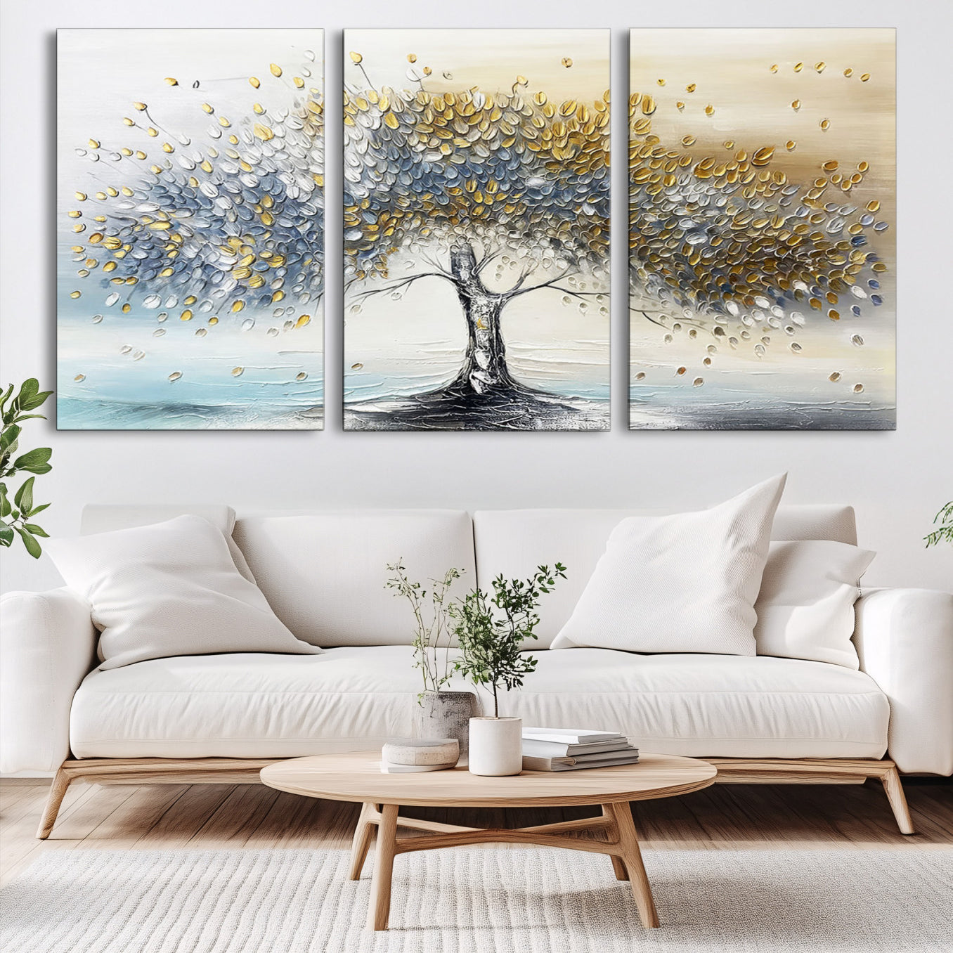 Canvas of a silver and gold textured tree with a soft neutral background, ideal for elegant and minimalist home decor styles.