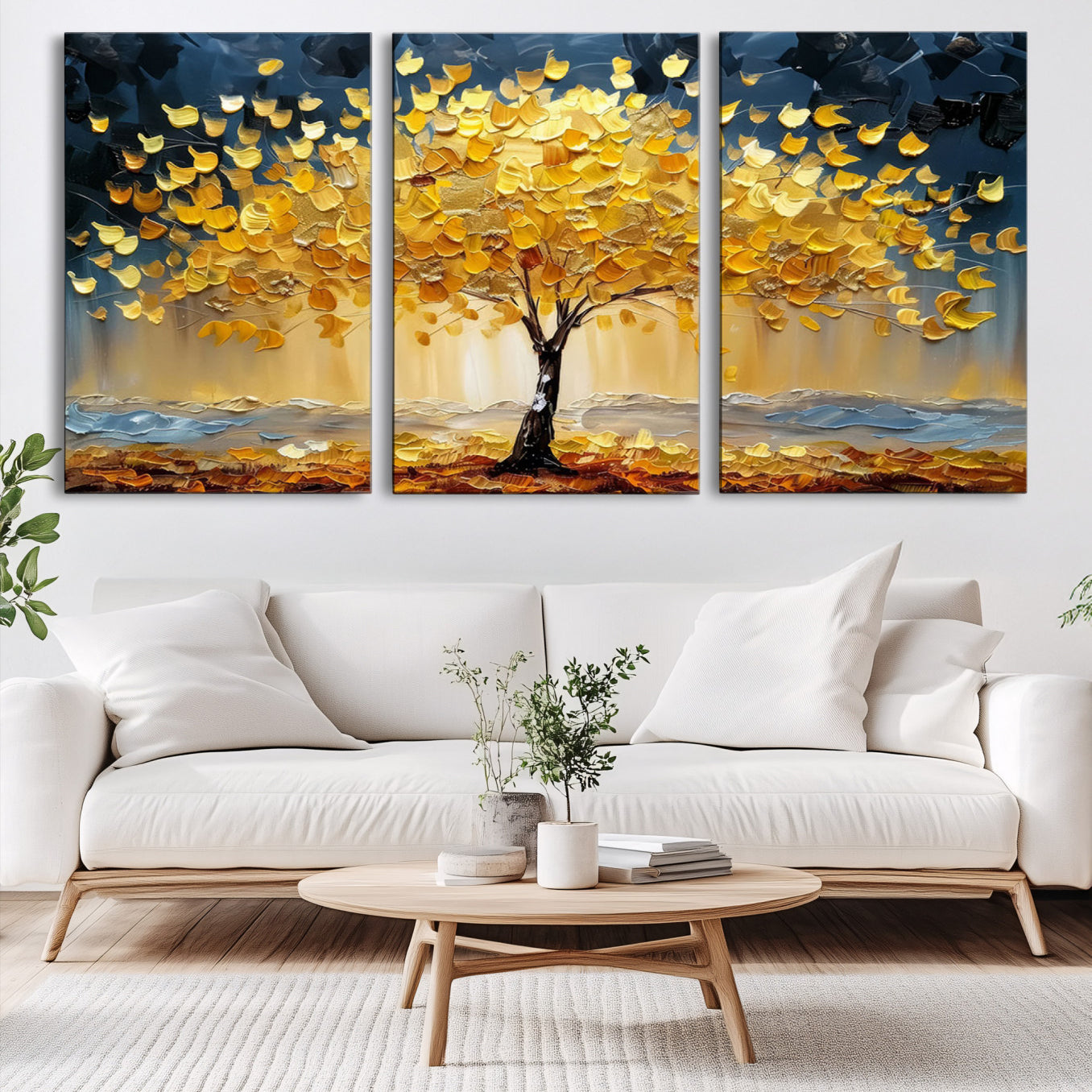 Canvas of a golden autumn tree with textured brushstrokes and moody blue skies, perfect for dramatic and vibrant home decor.