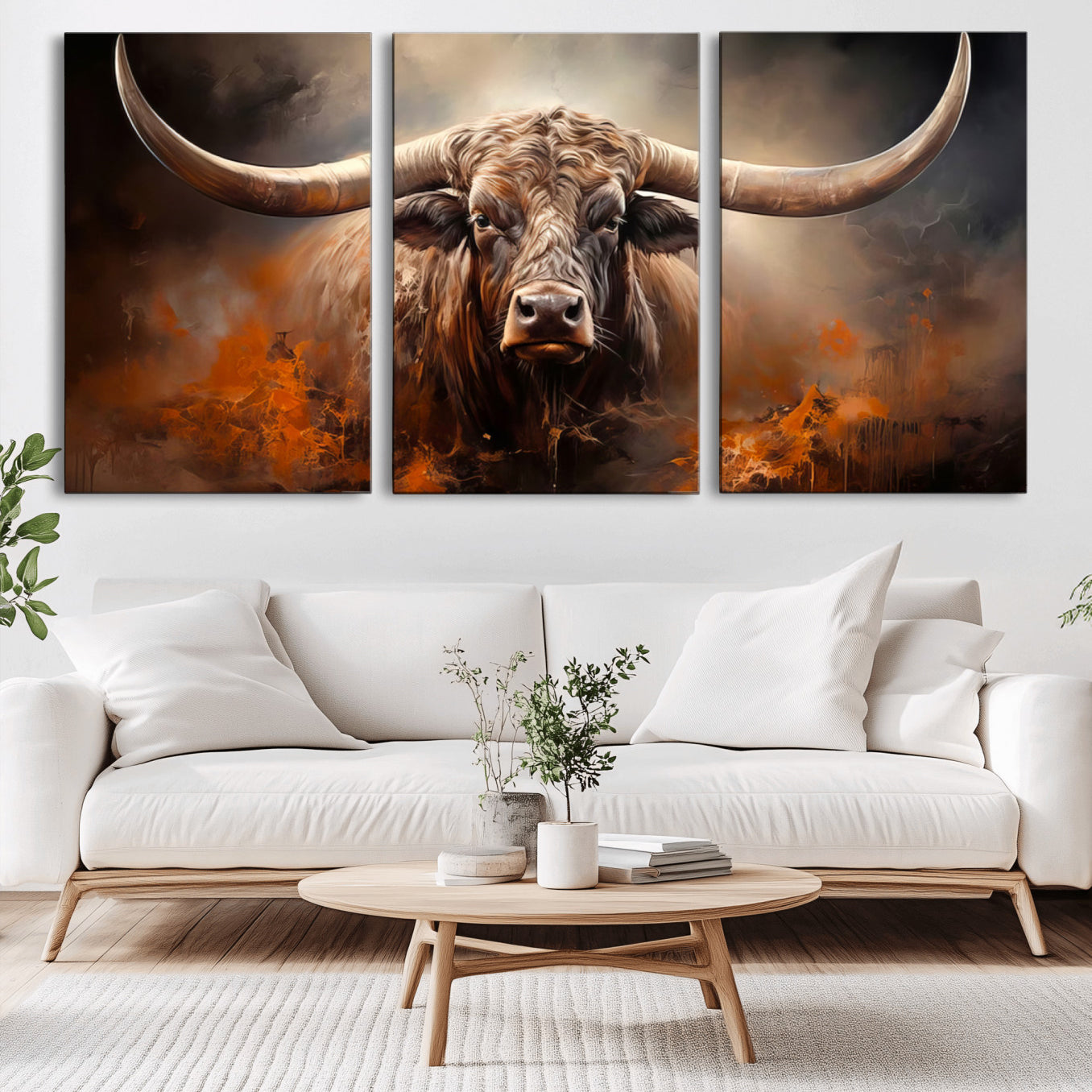 -Highland Bull Canvas Abstract Canvas Wall Art Print – Powerful Highland Bull with Striking Horns in