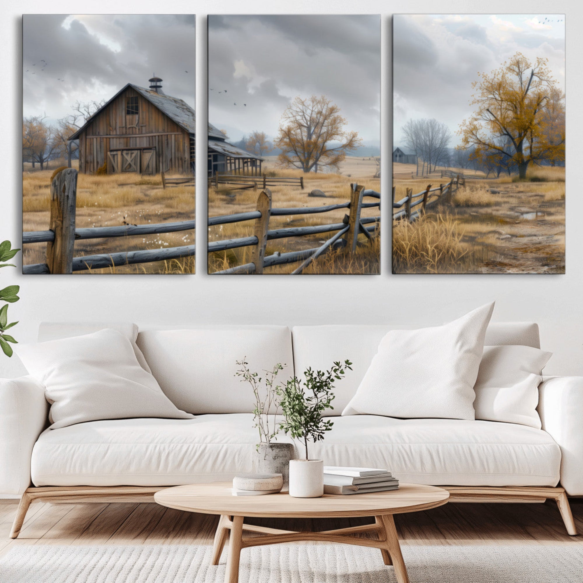 Farm1-MGV-CV-36X24-Rustic Autumn Farmhouse Wall Art Canvas Print – Serene Countryside Scene with Weathered Barn and