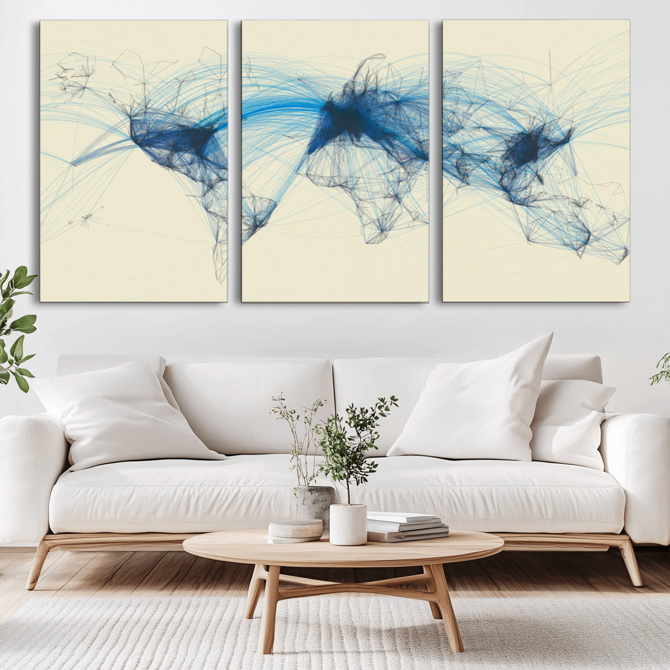 -Flight Routes Map Art – Modern Air Traffic World Map Canvas Print with Blue Connections, Framed Wall Art for Office or Home Decor
