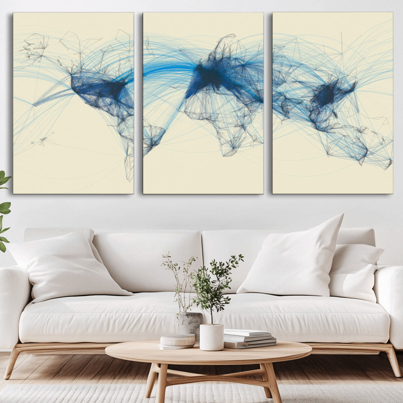 Map-Blue-Contract-MGV-CV-36X24-Flight Routes Map Art – Modern Air Traffic World Map Canvas Print with Blue Connections, Framed Wall Art for Office or Home Decor