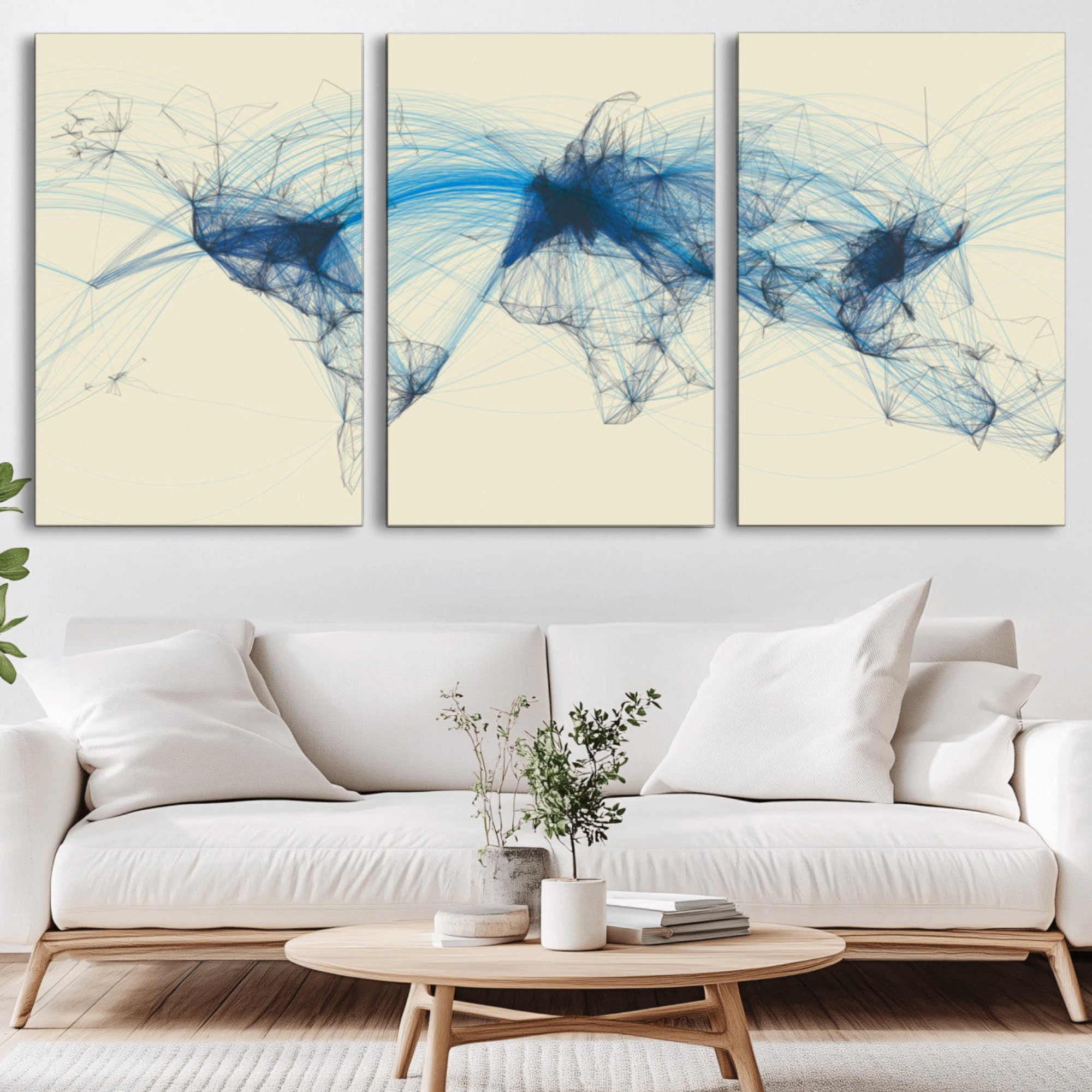 Map-Blue-Contract-MGV-CV-36X24-Flight Routes Map Art – Modern Air Traffic World Map Canvas Print with Blue Connections, Framed Wall Art for Office or Home Decor