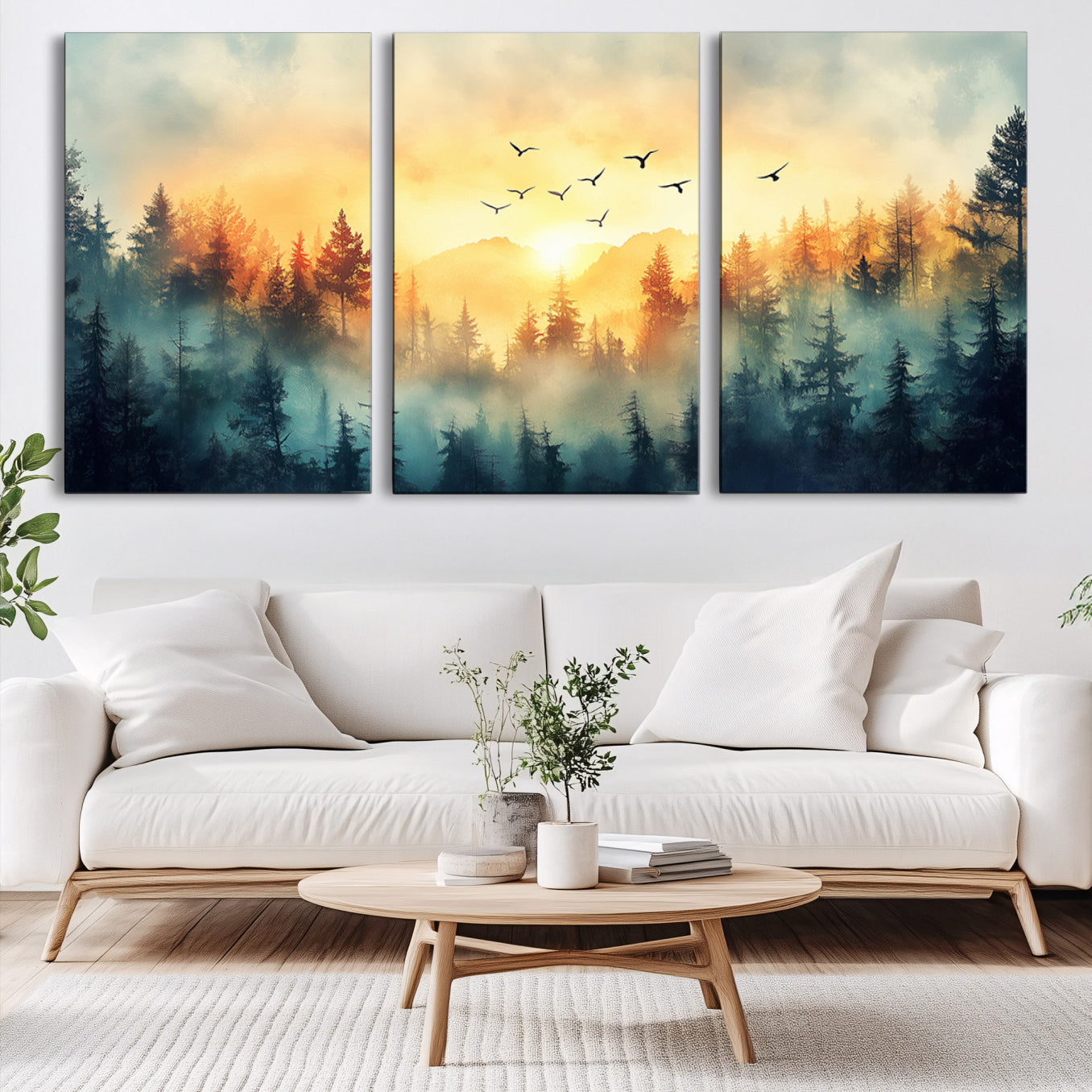 Canvas of a misty pine forest at sunrise with golden light and birds flying across the sky, perfect for tranquil nature-themed wall decor.