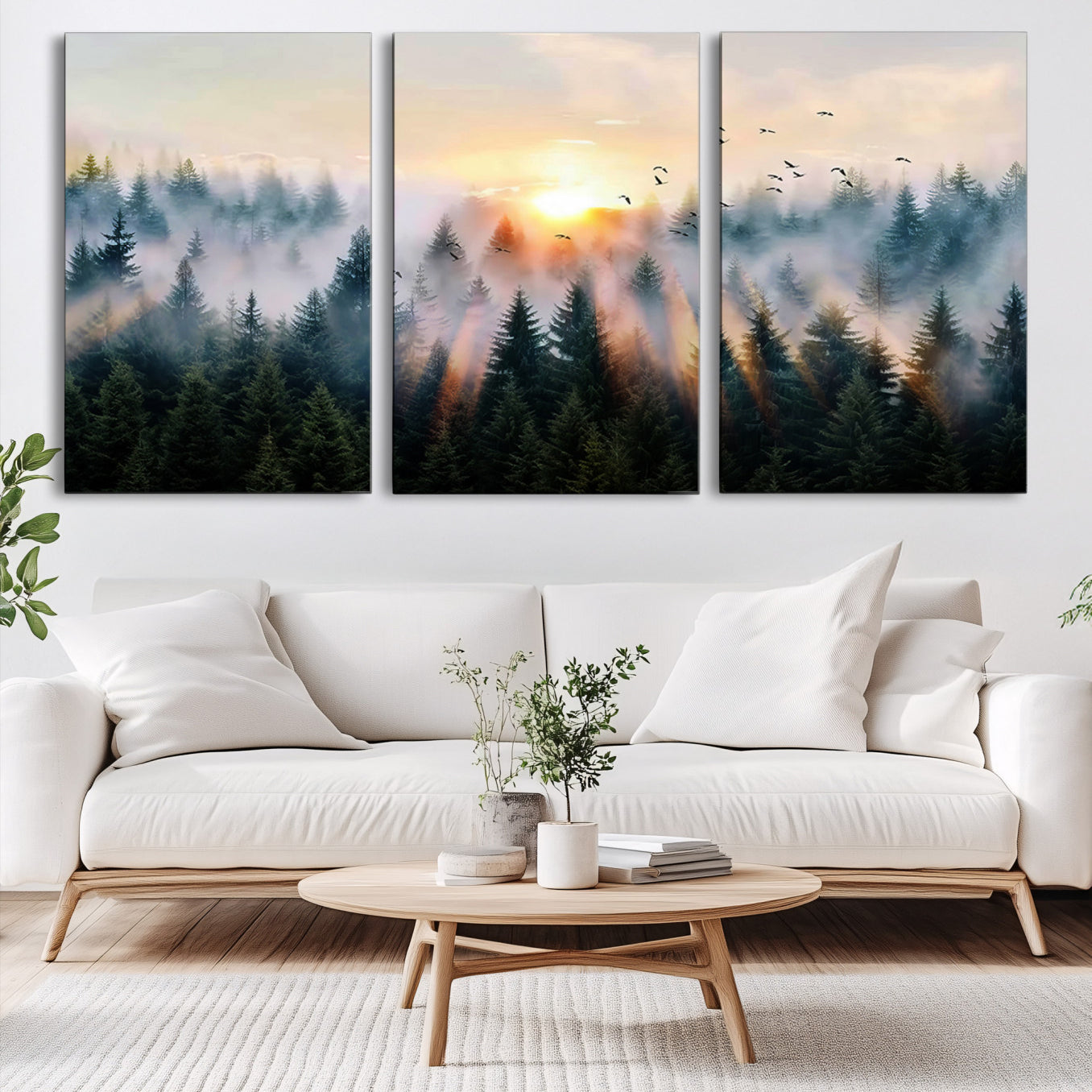 Canvas of a misty pine forest at sunrise with birds flying through golden morning rays, perfect for serene and moody woodland-style home decor.