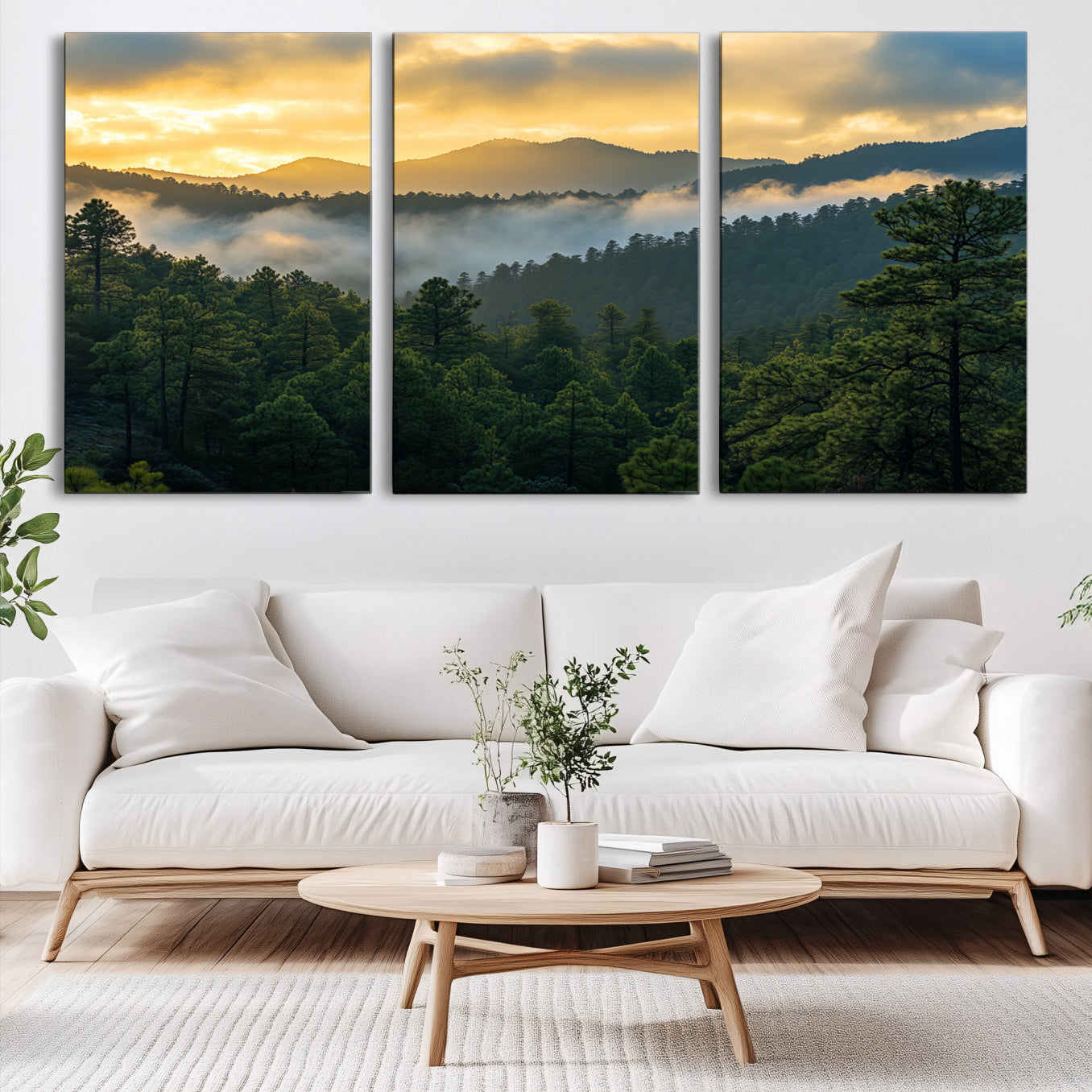 Canvas of misty pine-covered mountains at sunrise, featuring golden light and fog layers, ideal for tranquil earthy home decor.