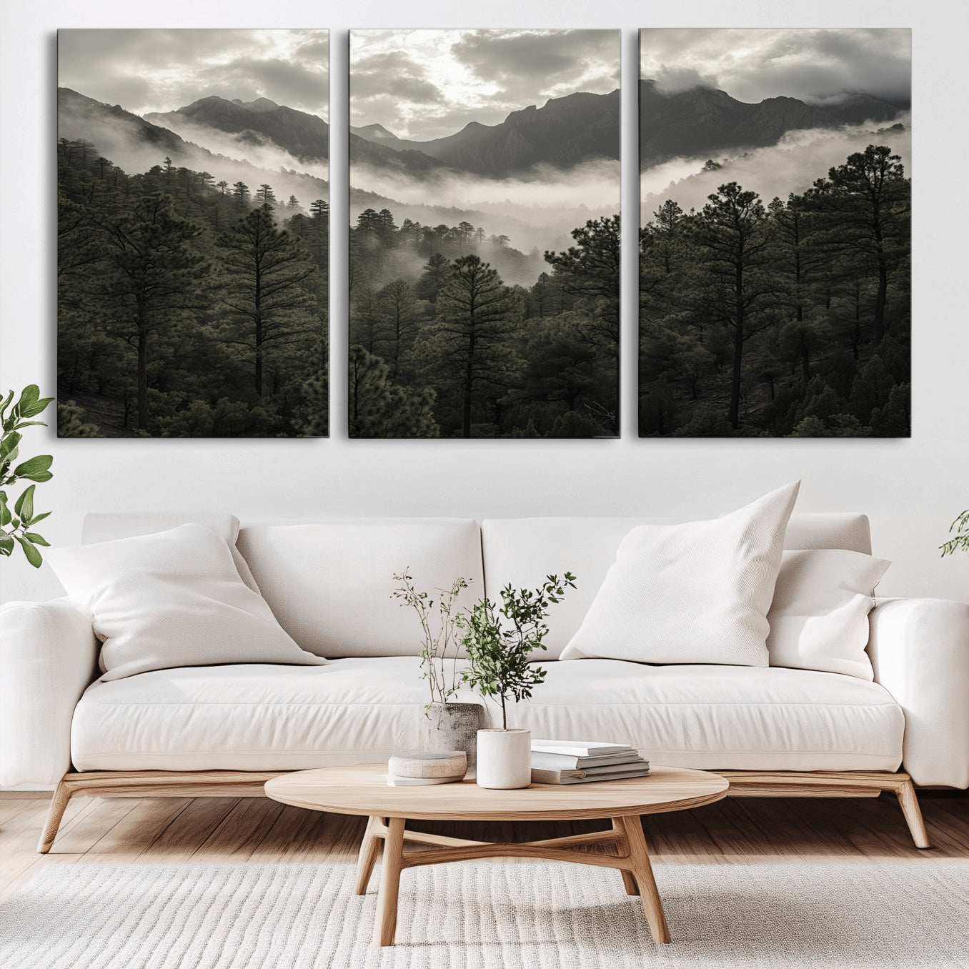MGV-CV-60X30-3P - Misty Mountain Forest Wall Art – Canvas Print of Cloudy Peaks, Tranquil Pines, Enchanted Landscape, Majestic Nature Decor for Home or Office