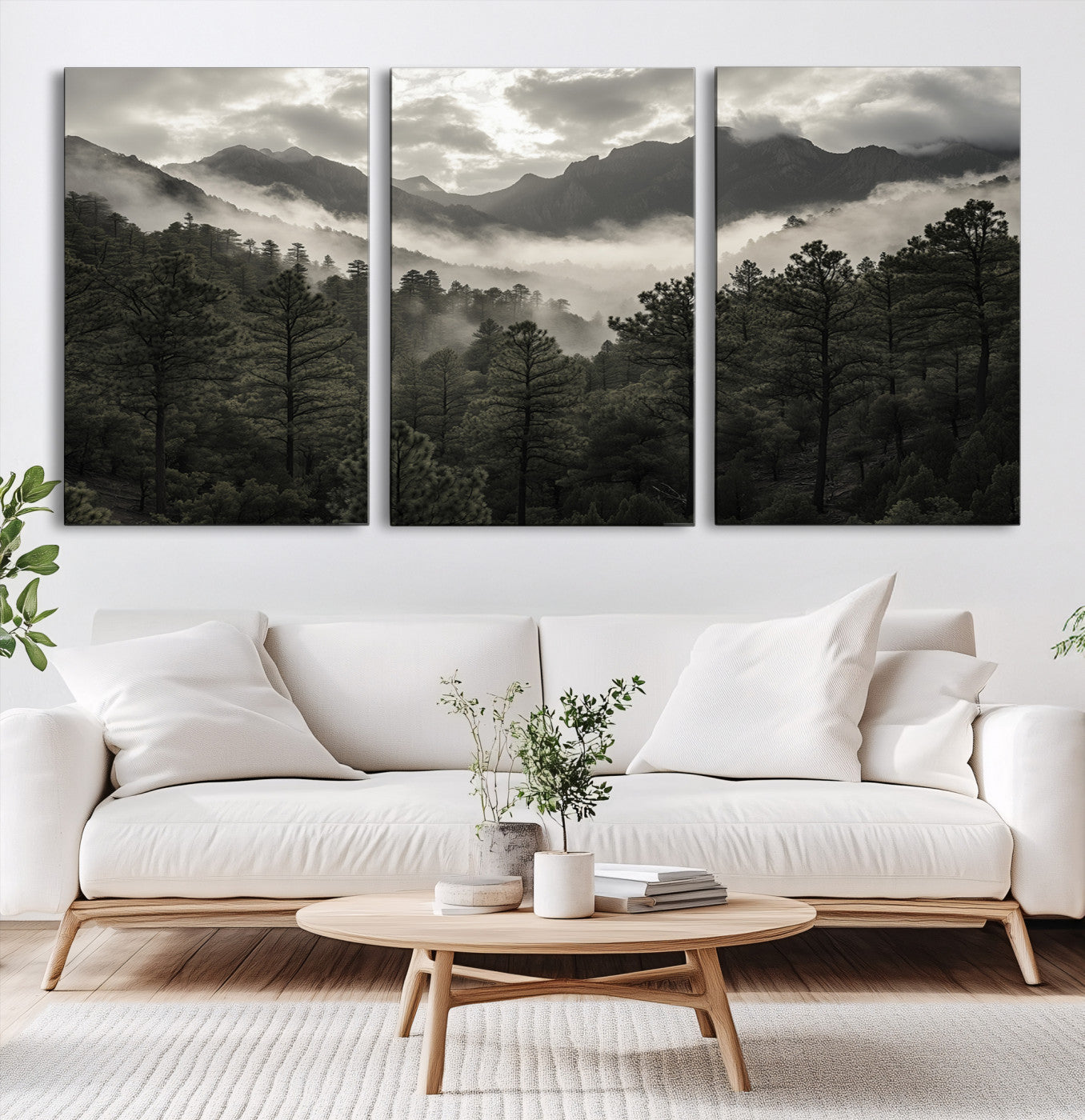Canvas of moody pine forest and foggy mountain peaks under overcast skies, ideal for calm and rustic woodland-themed home decor.