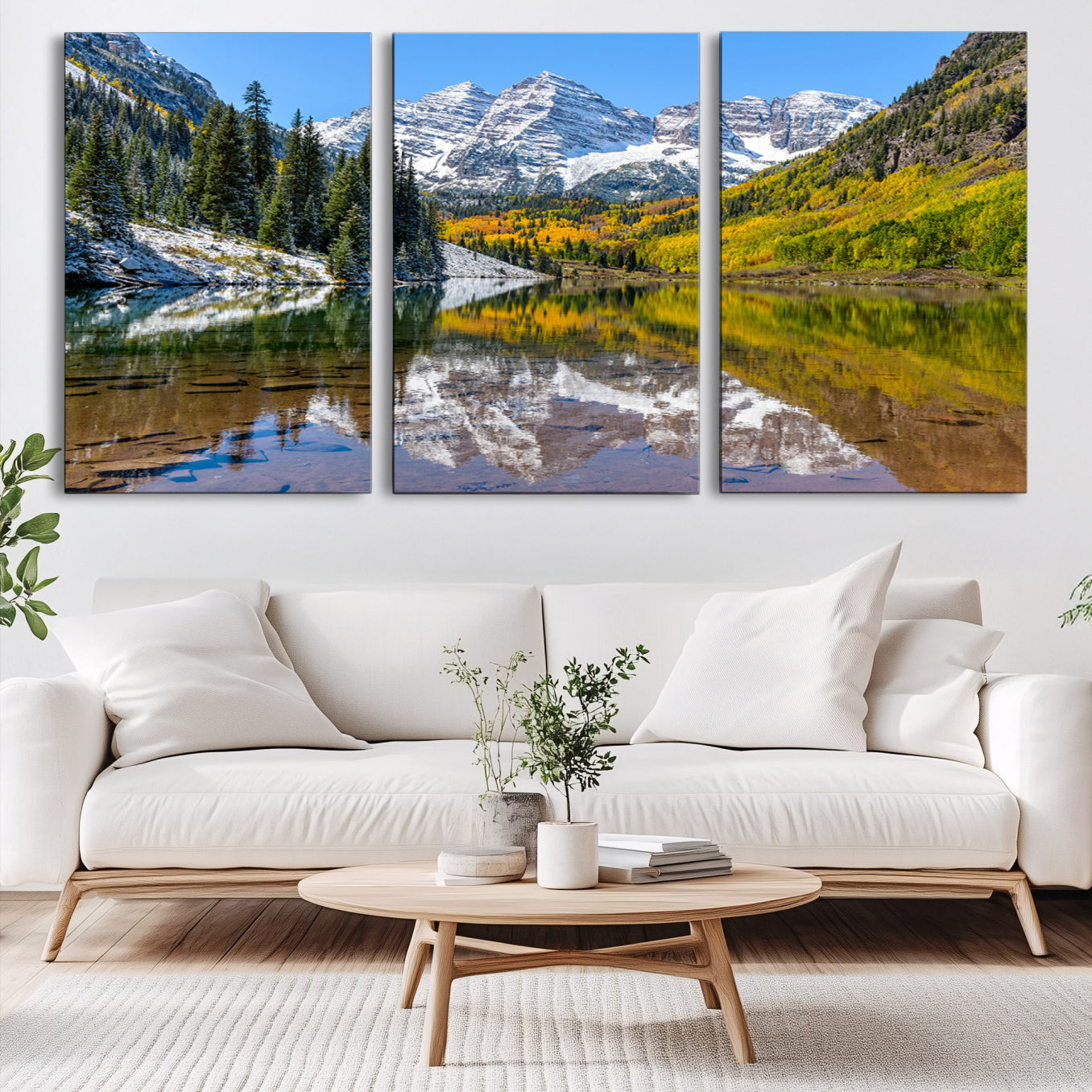 Canvas of Maroon Bells reflected in a clear alpine lake, with golden aspens and snowy peaks, ideal for crisp autumn or mountain-themed decor.