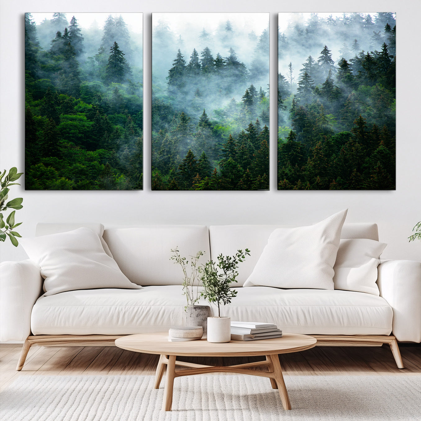 A captivating view of a dense pine forest blanketed in drifting fog, evoking a mystical and tranquil atmosphere.