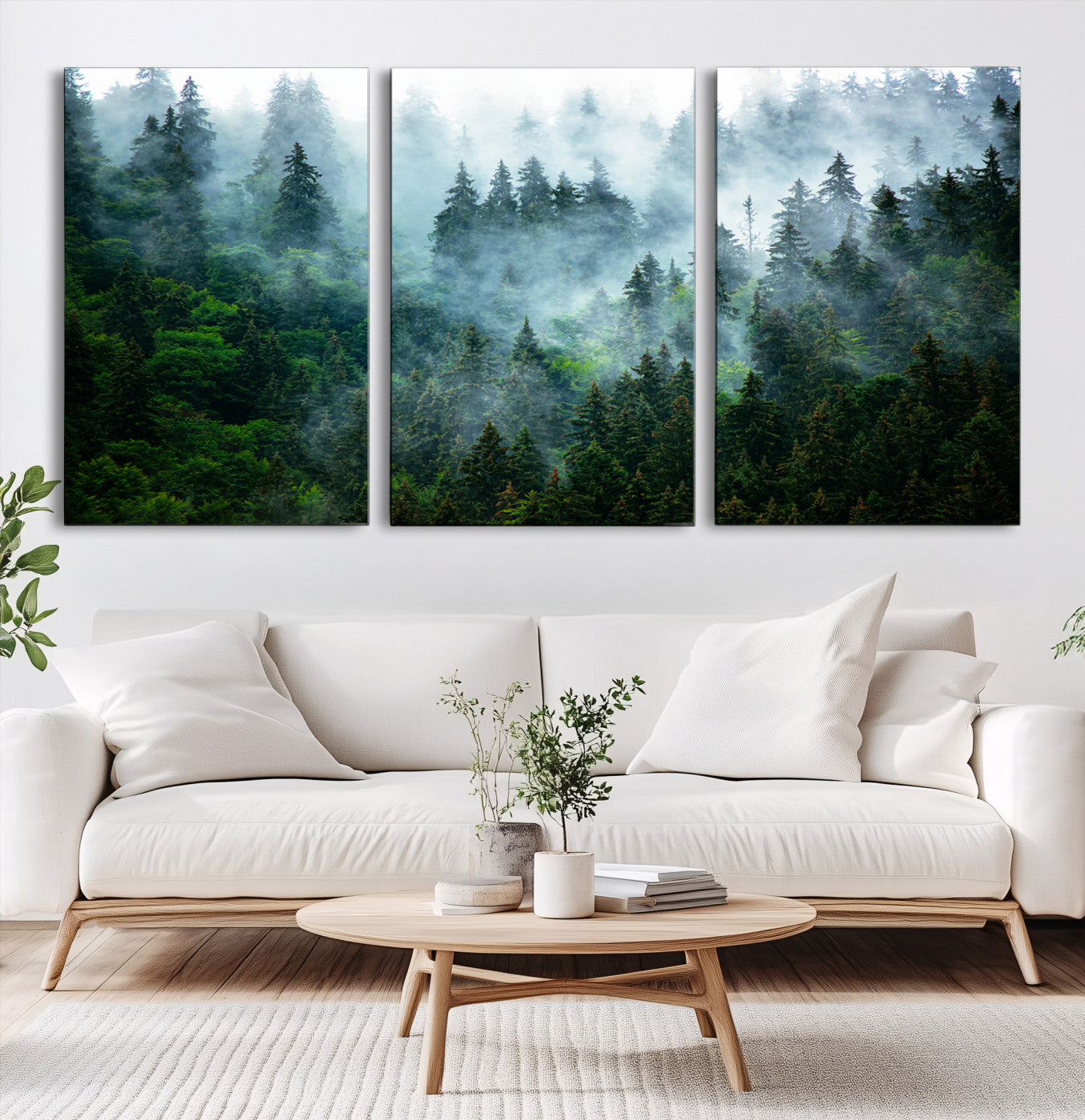 17393683-MGV-CV-60X30-3P-Misty Forest Wall Art Canvas Print – Framed Foggy Mountain Landscape Artwork, Serene Scenic Decor for Home, Office
