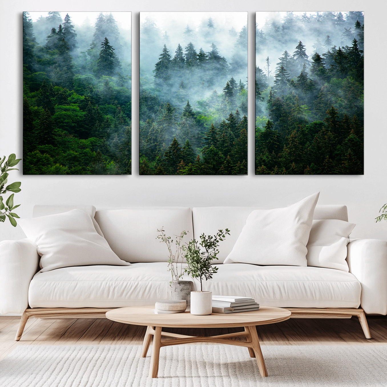 17393683-MGV-CV-36X24-Misty Forest Wall Art Canvas Print – Framed Foggy Mountain Scene with Serene Nature Artwork for Home, Office, Living Room