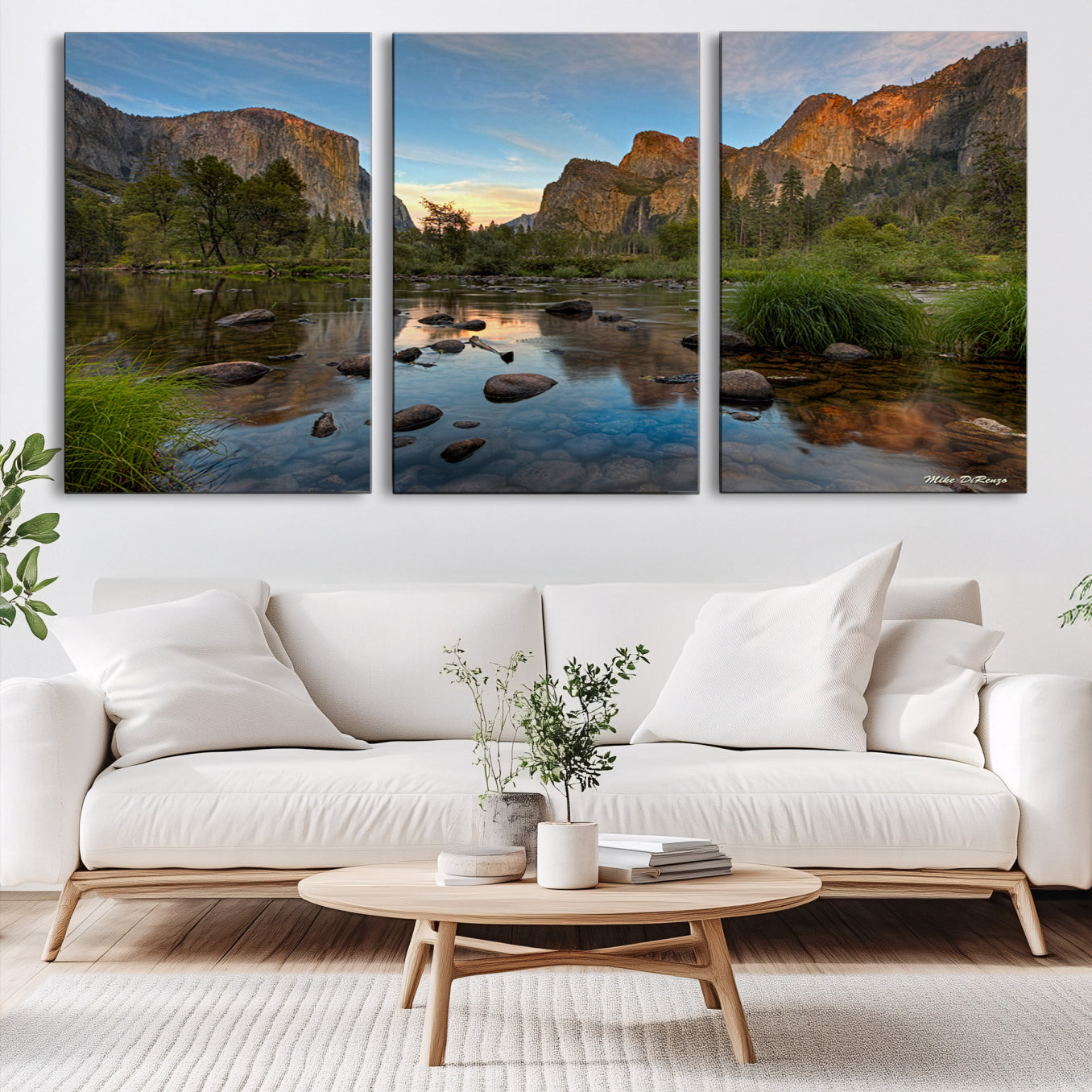 Canvas of Yosemite Valley with El Capitan and sunset reflections in a calm river, perfect for rustic or nature-themed décor.