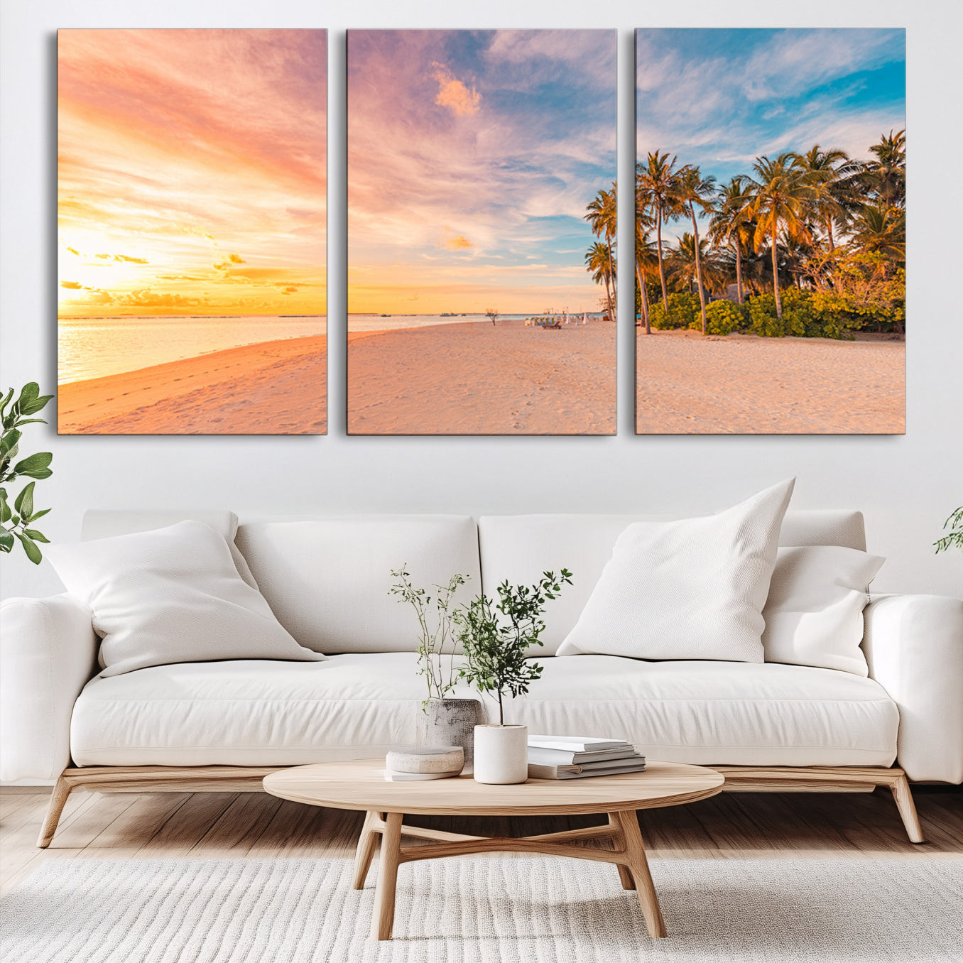 Tropical beach canvas with palm trees and soft sunset tones, ideal for coastal or beach-style home décor in warm pastel hues.