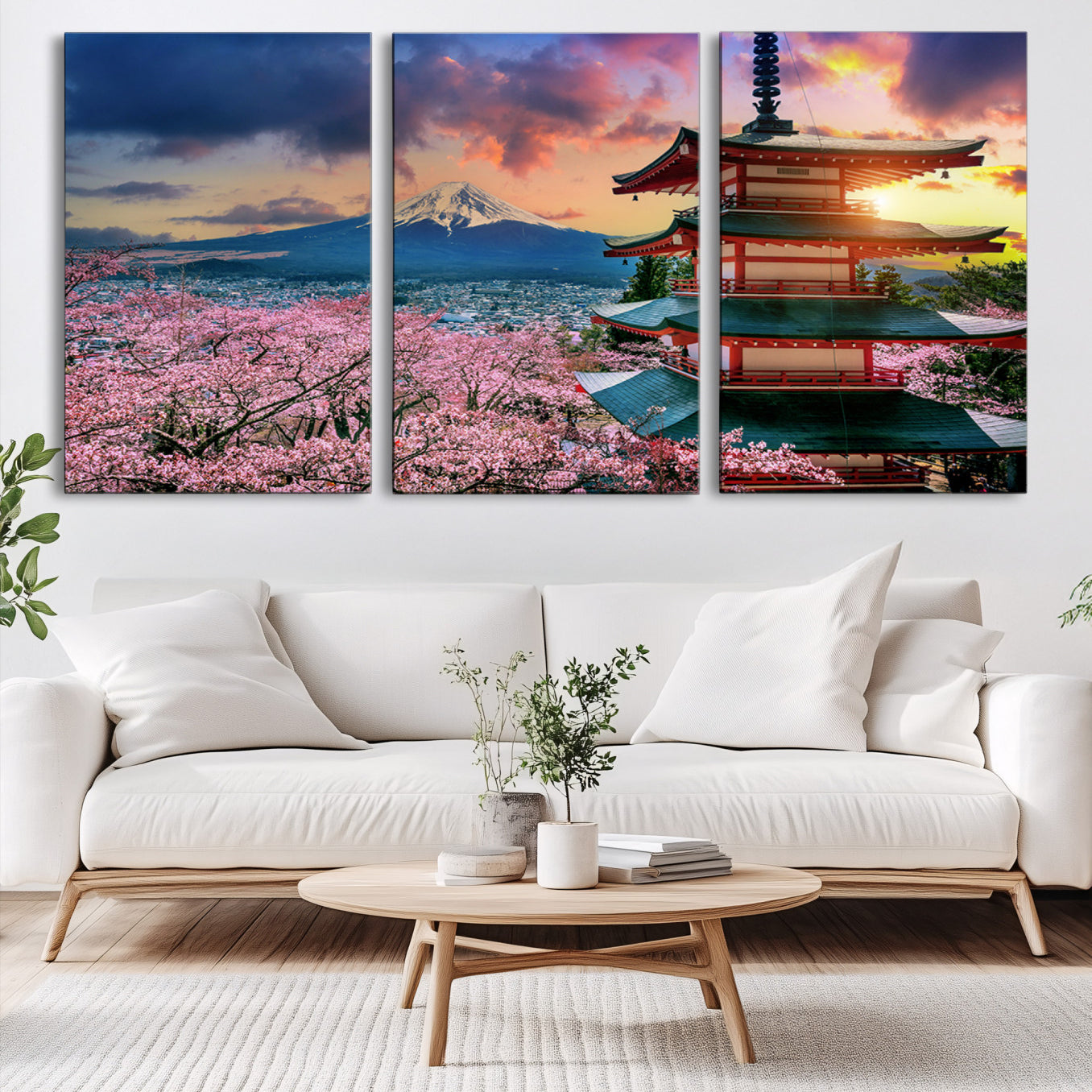 Mount Fuji & Cherry Blossom Wall Art Canvas Print – Iconic Japanese Landscape, Sakura Pagoda Sunset, Multi-Panel Framed Artwork for Home, Office & Zen Decor