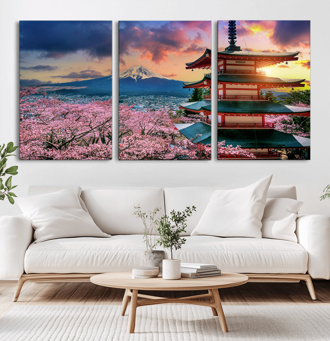 Mount Fuji Cherry Blossom Wall Art Canvas Print, Framed Japanese Landscape, Sakura Pagoda Sunset