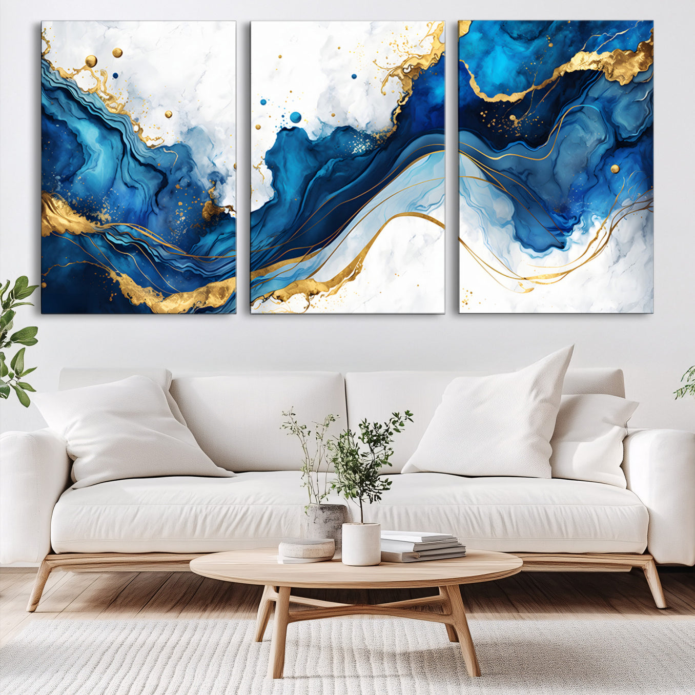 33506371-MGV-CV-60X30-3P-Blue Marble Wall Art Canvas Print – Framed Gold Splash Wave Design Modern Abstract Artwork for Home, Office