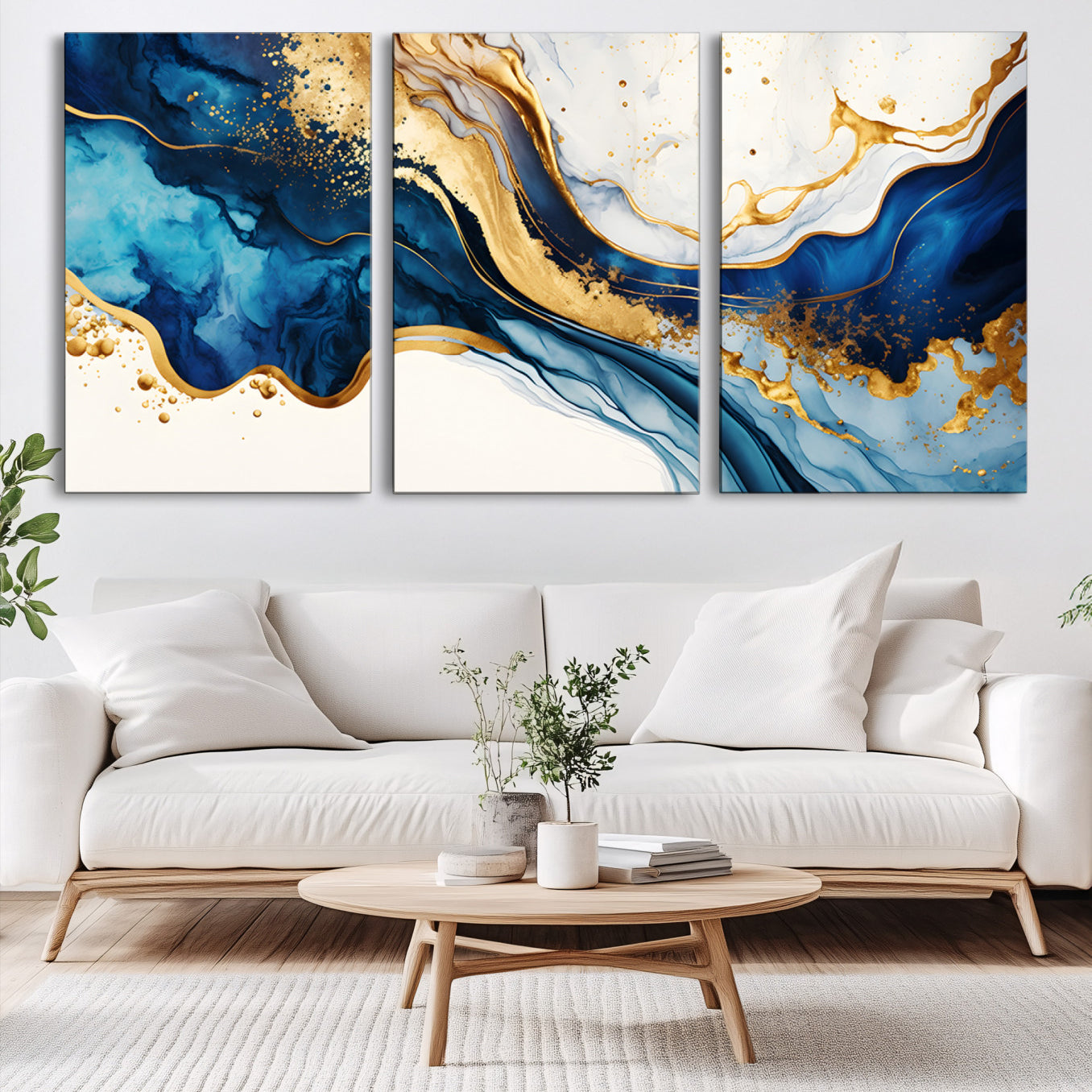 60283636-MGV-CV-60X30-3P-Blue Gold Flow Wall Art Canvas Print – Framed Marble Design Elegant Splash Abstract Artwork for Home, Office