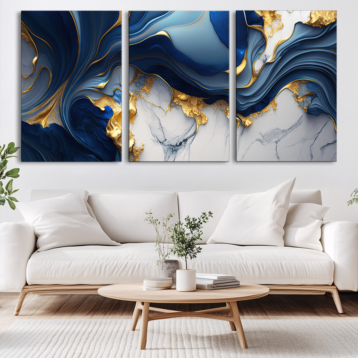 59970794-MGV-CV-60X30-3P-Blue Marble Wall Art Canvas Print – Framed Gold Veins Abstract Flow Elegant Modern Artwork for Home, Office
