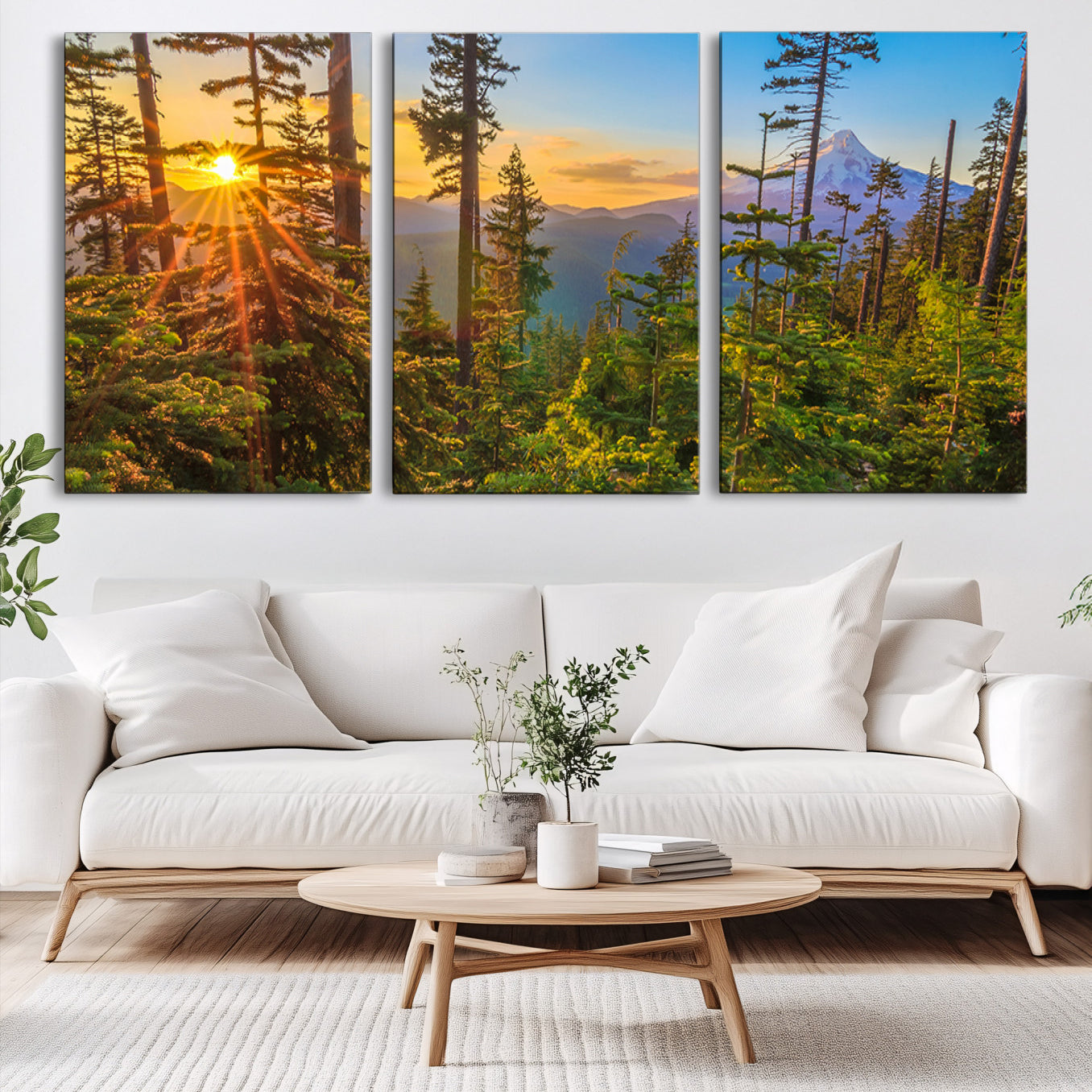 83544043-MGV-CV-60X30-3P-Forest Sunset Wall Art Canvas Print, Framed Sunset Trees Art Picture Print, Green Pines Perfect