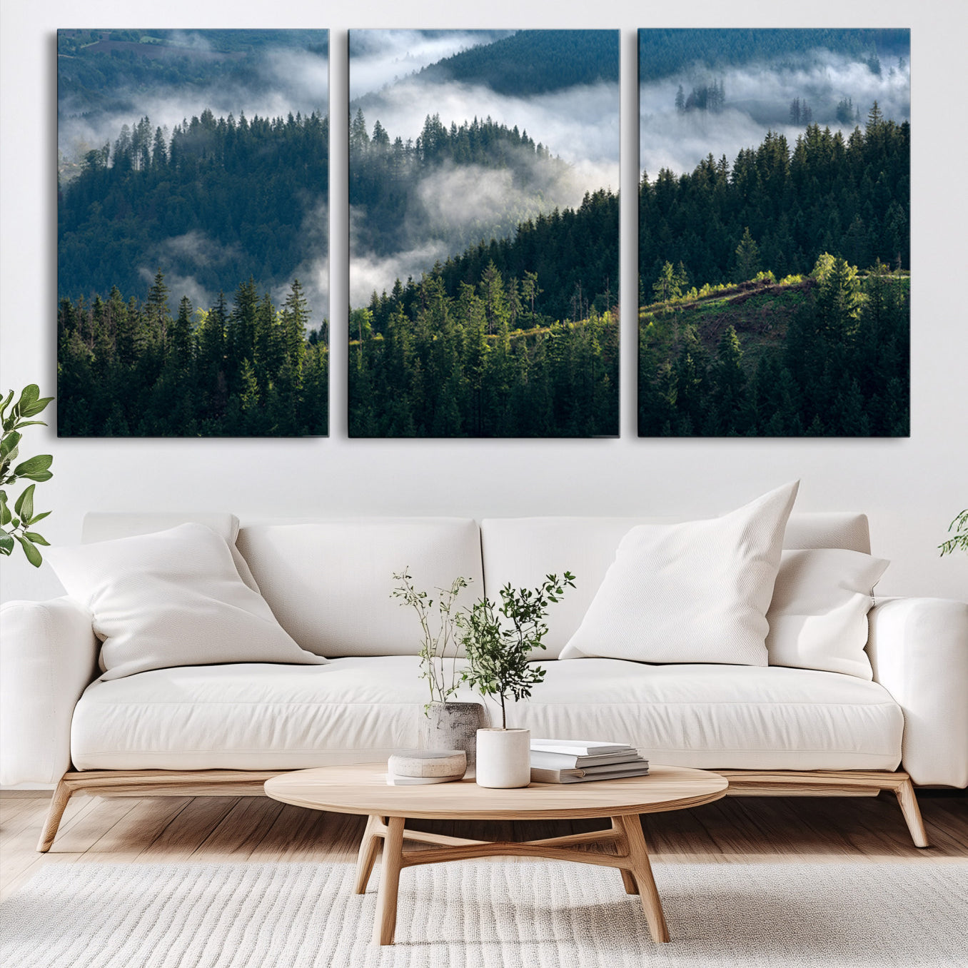 84598503-MGV-CV-60X30-3P-Misty Forest Wall Art Canvas Print – Pine Hills Foggy Woodland Moody Atmosphere Nature Artwork for Home Office
