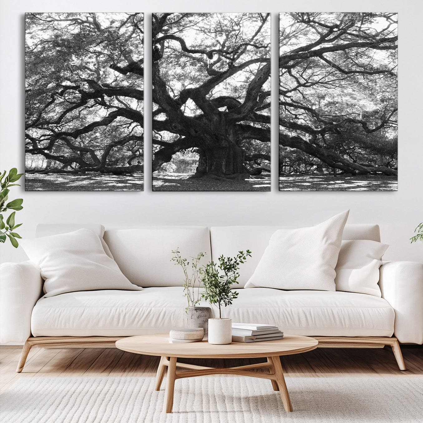 Black and white canvas of an ancient oak tree with sprawling, twisted branches, ideal for moody nature-inspired or rustic decor.
