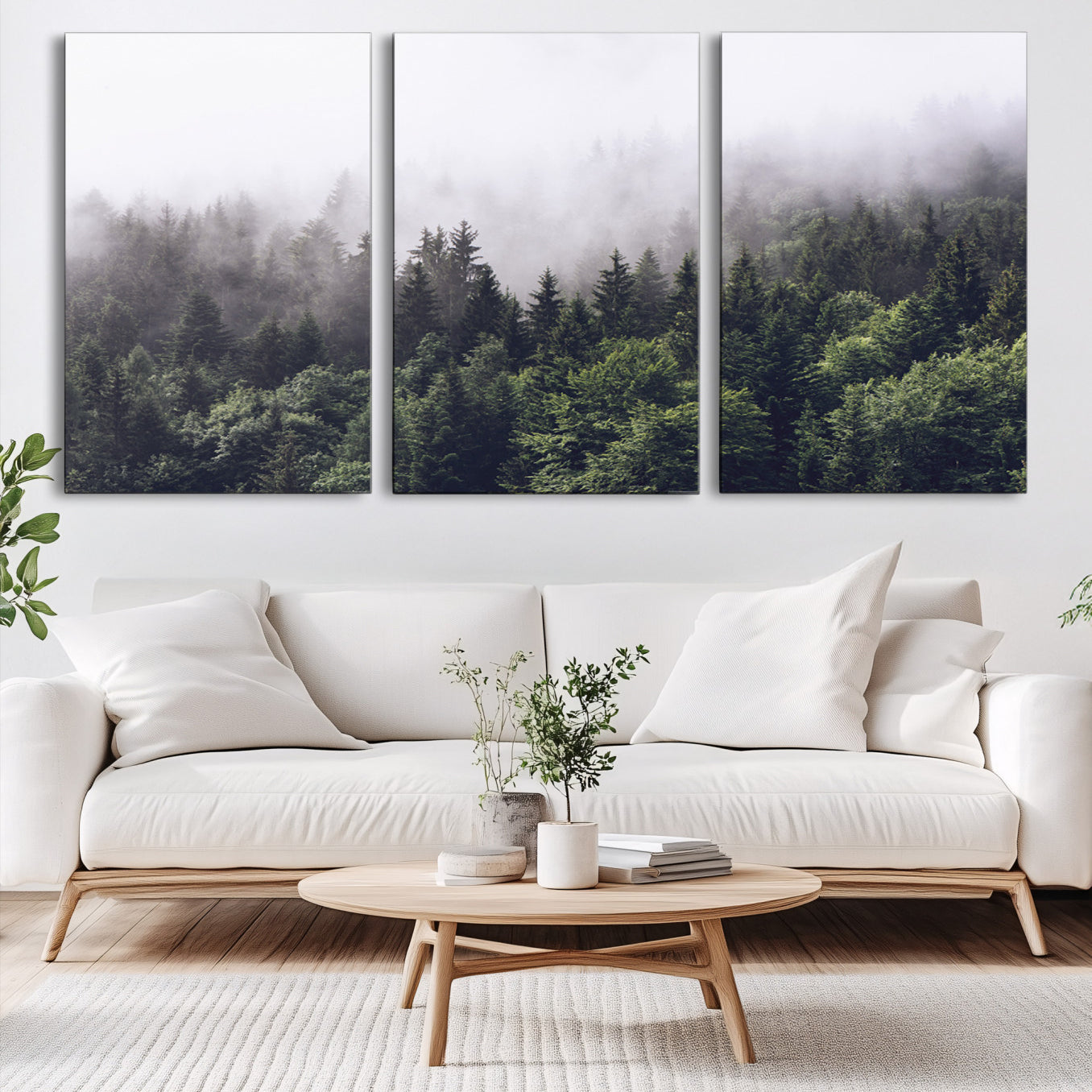 62890402-MGV-CV-60X30-3P-Misty Forest Wall Art Canvas Print, Framed Foggy Pines Art Picture Print, Pine Valley Perfect Moody