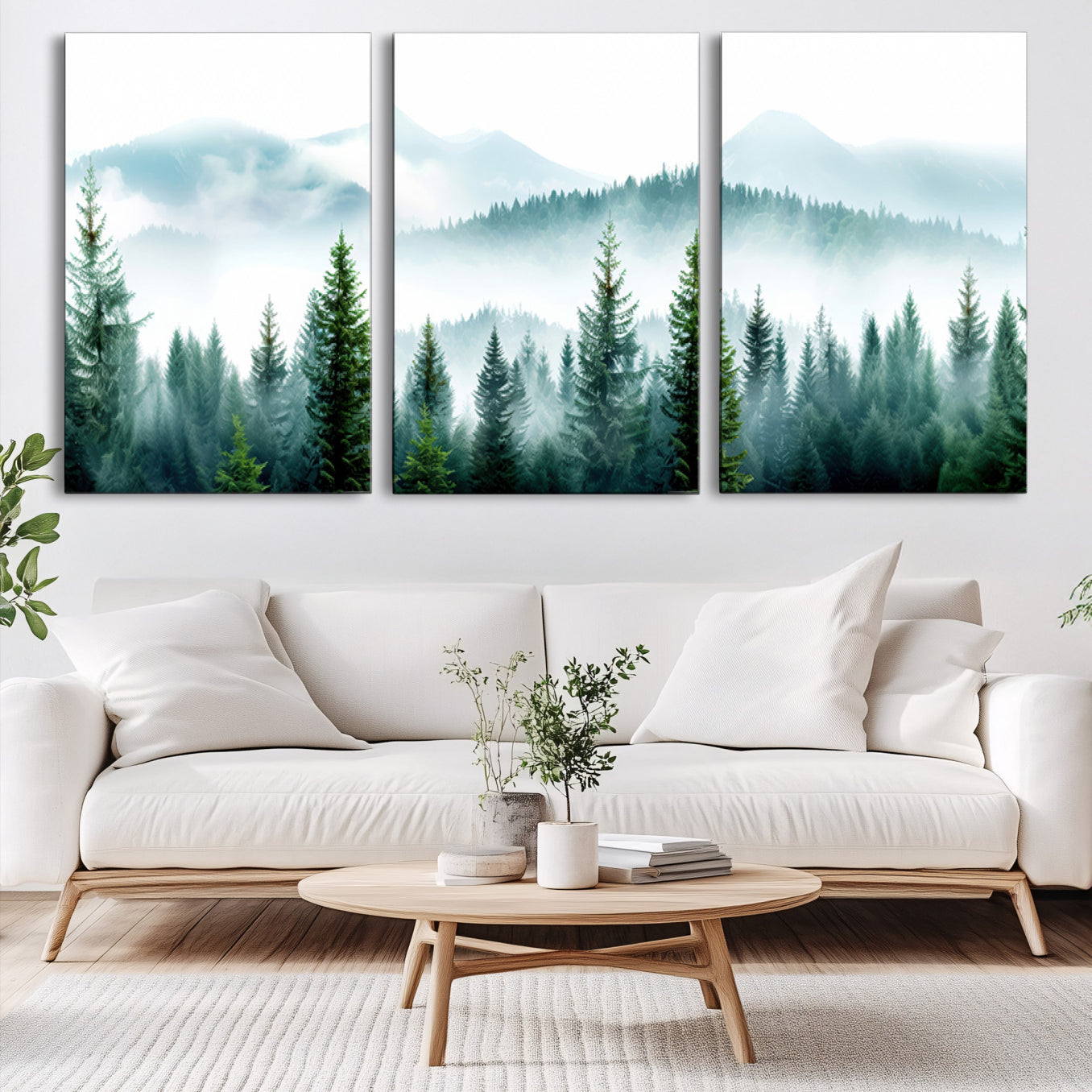 16716676-MGV-CV-60X30-3P-Misty Pine Forest Wall Art, Foggy Mountain Landscape Canvas Print, Serene Nature Trees Framed Artwork for Home, Office