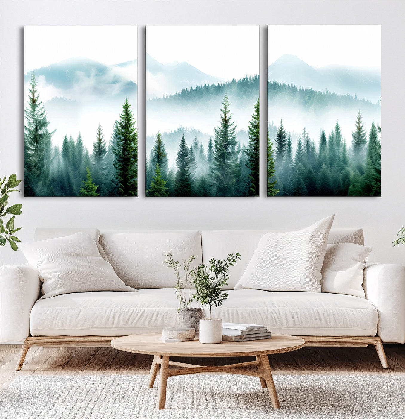 16716676-MGV-CV-60X30-3P-Pine Forest Wall Art Canvas Print – Misty Mountains Foggy Trees Serene Woodland Nature Artwork for Home Office