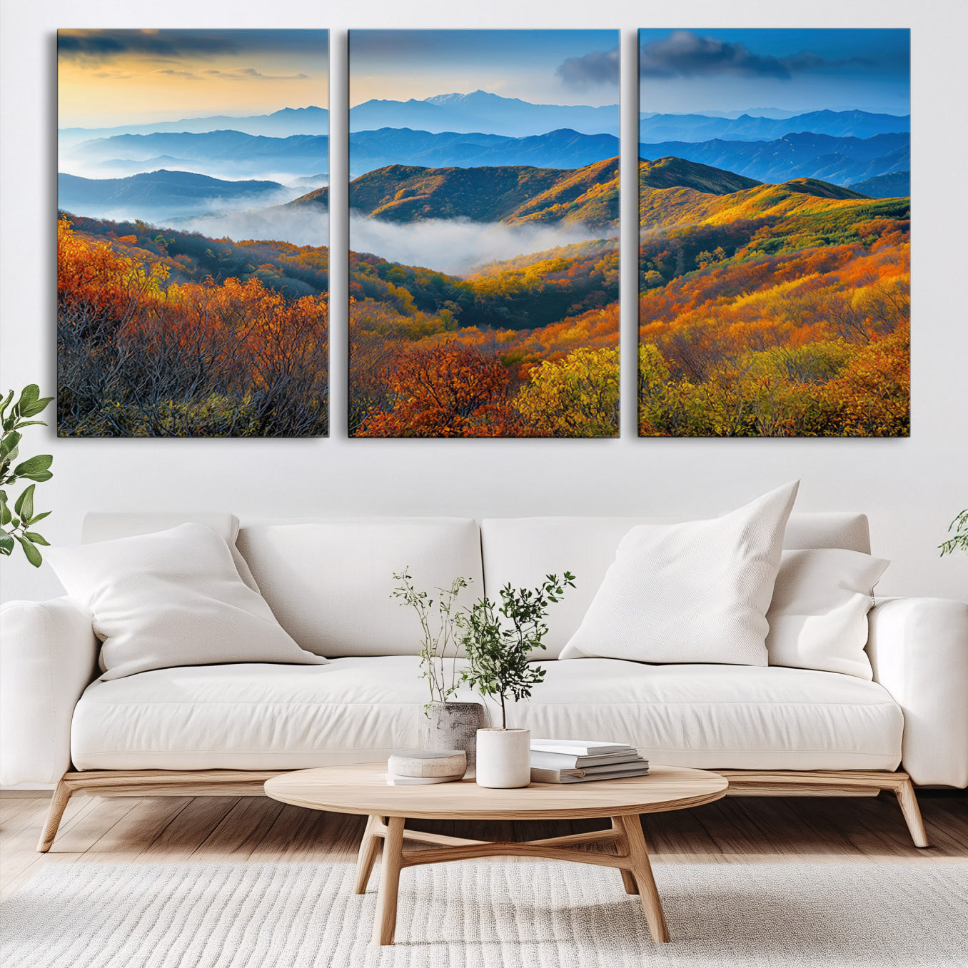 86772247-MGV-CV-60X30-3P-Autumn Mountains Wall Art Canvas Print, Autumn Mountain Foggy Landscape Wall Art Canvas Print,