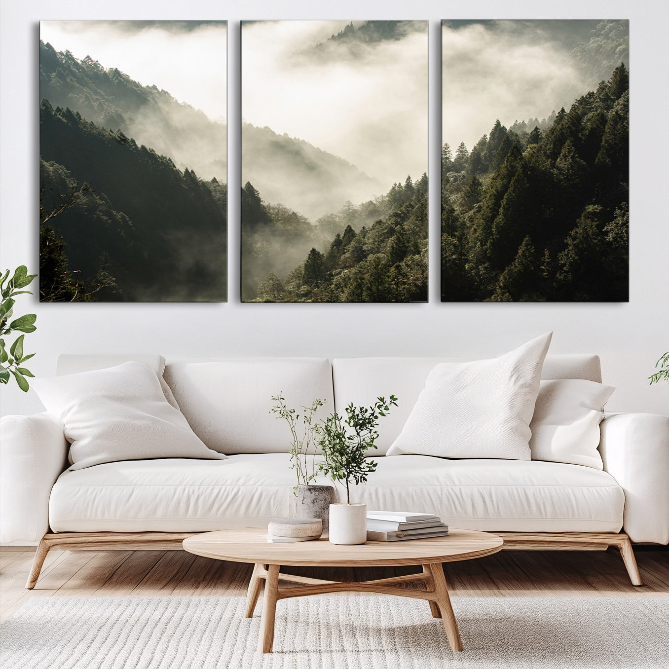 57570237-MGV-CV-60X30-3P-Misty Valley Canvas Print, Framed Foggy Forest Art Picture Print, Pine Trees Perfect Moody Woodland