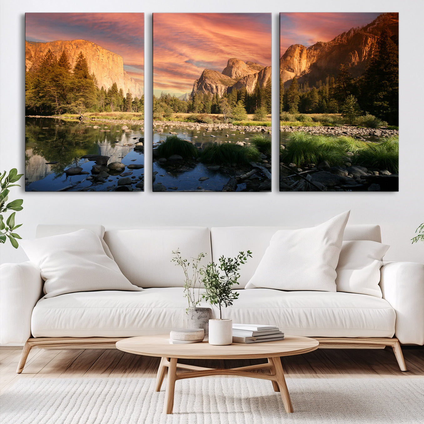 31199457-MGV-CV-60X30-3P-Yosemite Valley Canvas Wall Art, Framed El Capitan Art Picture Print, Sunset Sky Perfect Vibrant