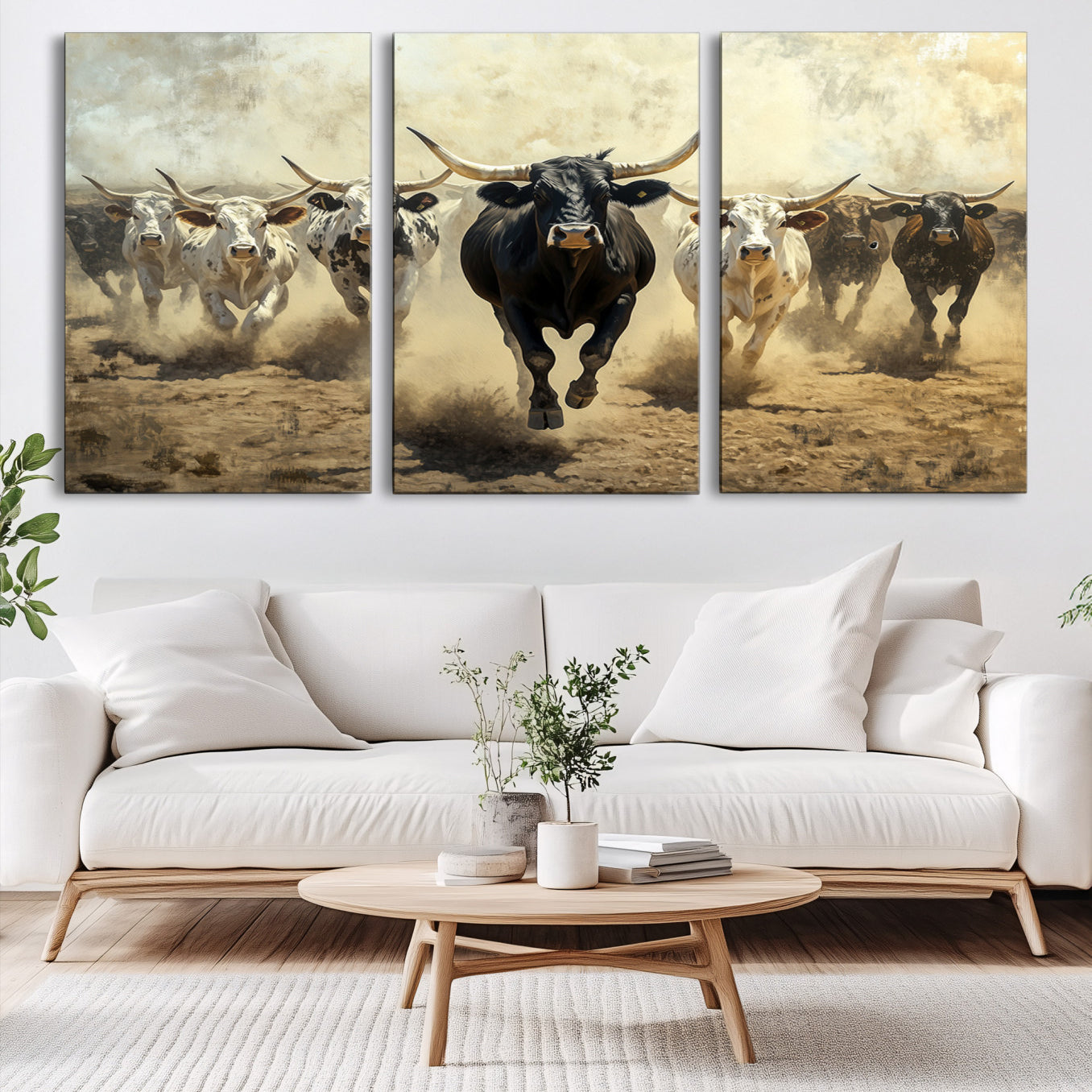 Dynamic canvas showing a Texas Longhorn stampede with earthy tones and bold movement, perfect for rustic or Western-style interiors.