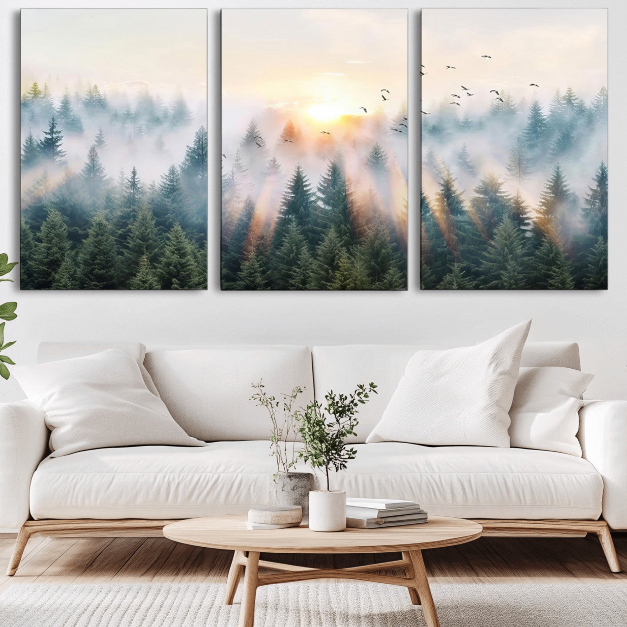 92718976-MGV-CV-36X24-Misty Pine Forest Wall Art Canvas, Sunrise Over Foggy Trees Canvas for Home - Office, Framed