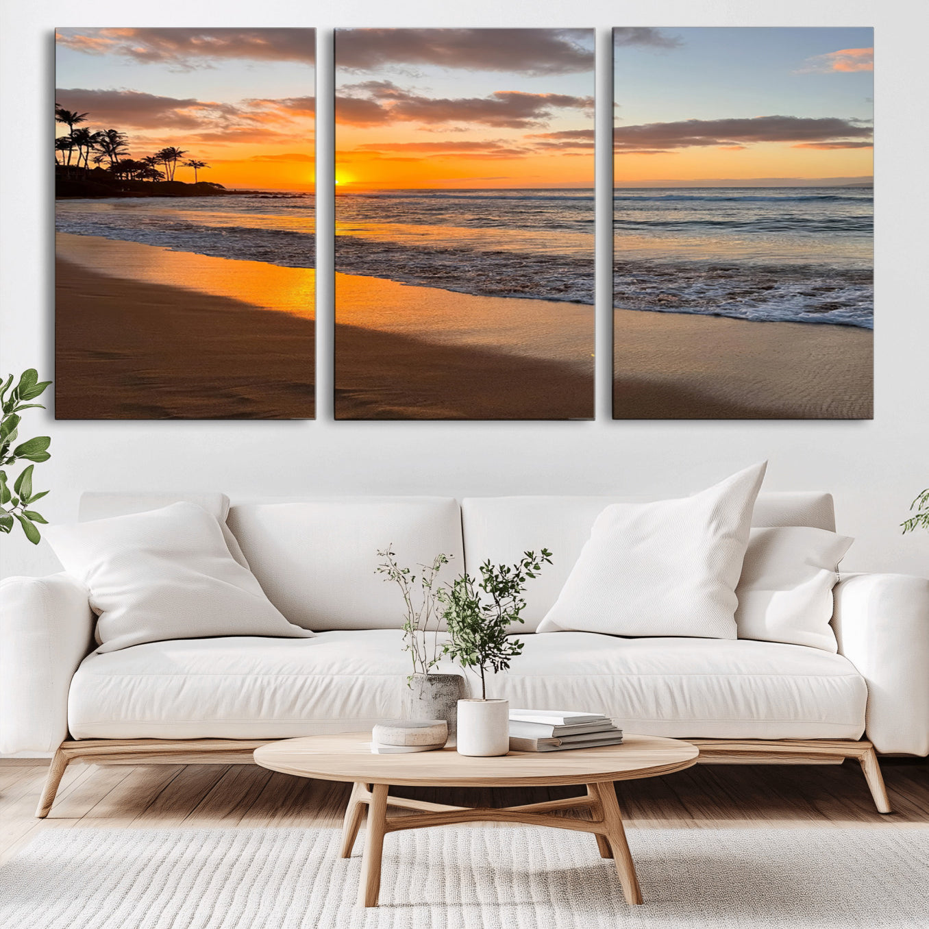 MGV-CV-60X30-3P - Sunset Glow Wall Art – Canvas Print of Ocean Breeze, Golden Sand, Tropical Palm Silhouettes, Tranquil Waves, Beach Nature Decor for Home