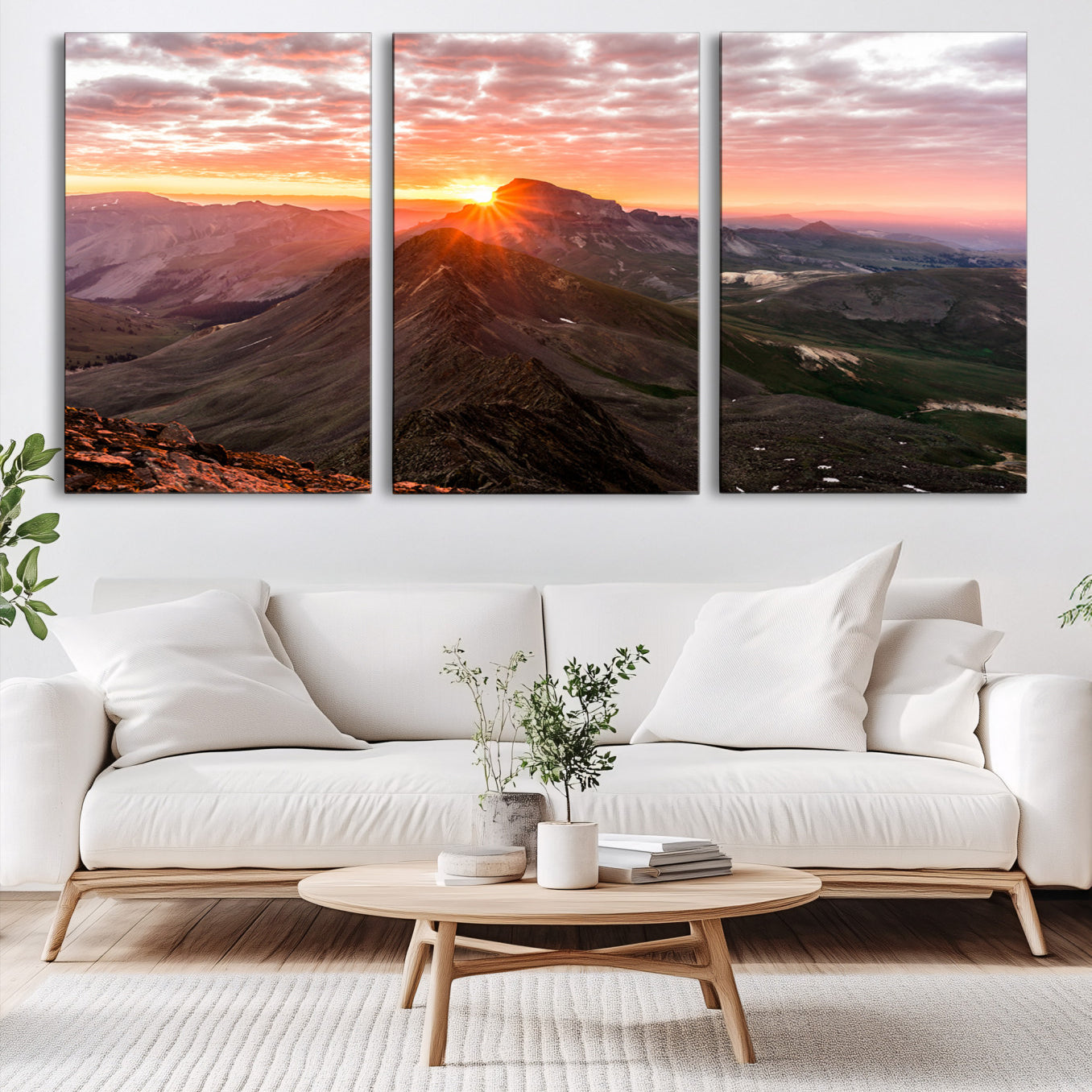 50957419-MGV-CV-60X30-3P-Mountain Sunrise Wall Art Canvas Print – Alpine Ridge Morning Light Misty Peaks Nature Landscape Artwork for Home Office