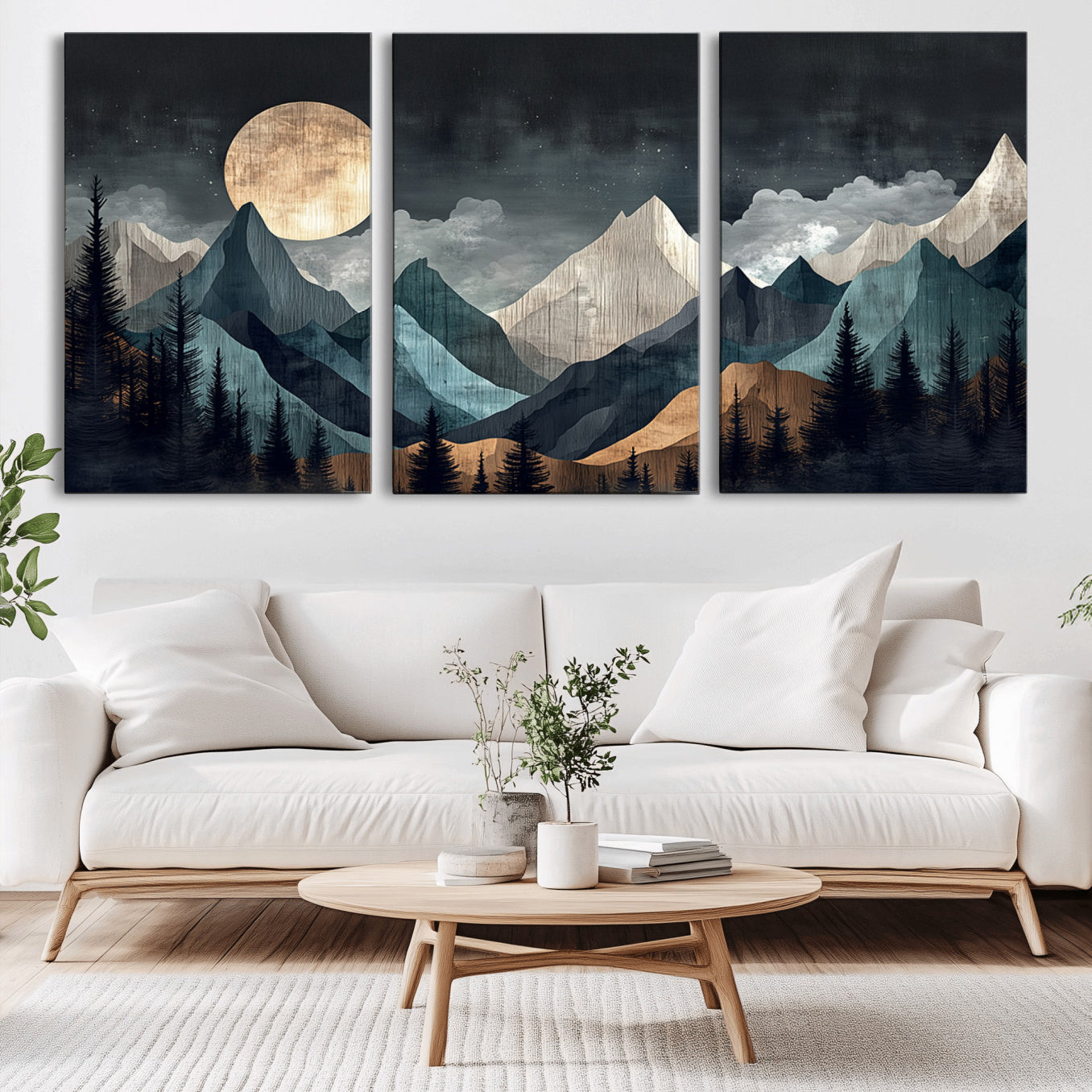 11060882-MGV-CV-36X24-Moonlit Mountain Wall Art Canvas Print – Silhouetted Pines Layered Peaks Tranquil Sky Mist Silver Light Nature Artwork for Home