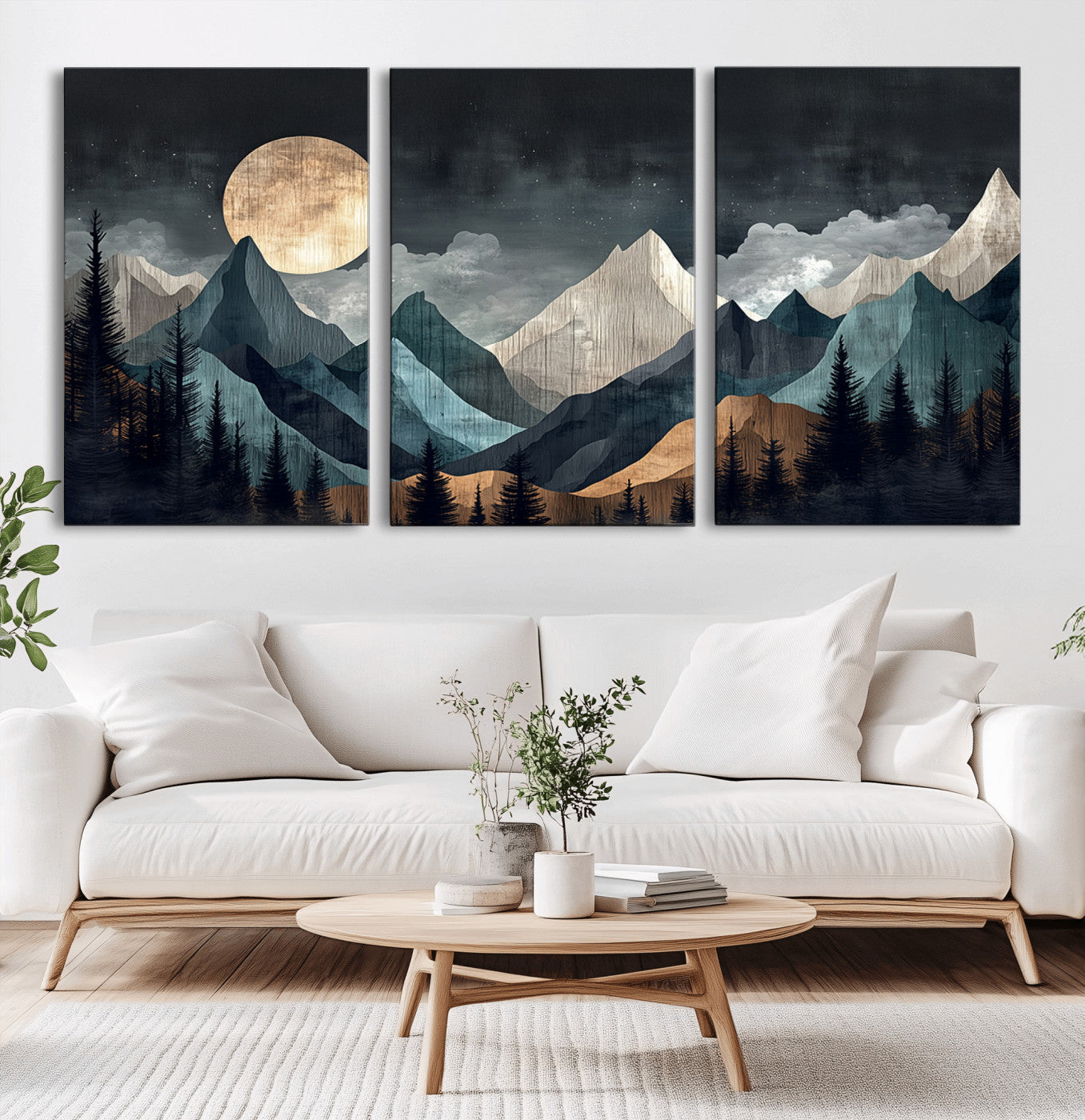 11060882-MGV-CV-36X24-Moonlit Mountain Wall Art Canvas Print – Silhouetted Pines Layered Peaks Tranquil Sky Mist Silver Light Nature Artwork for Home