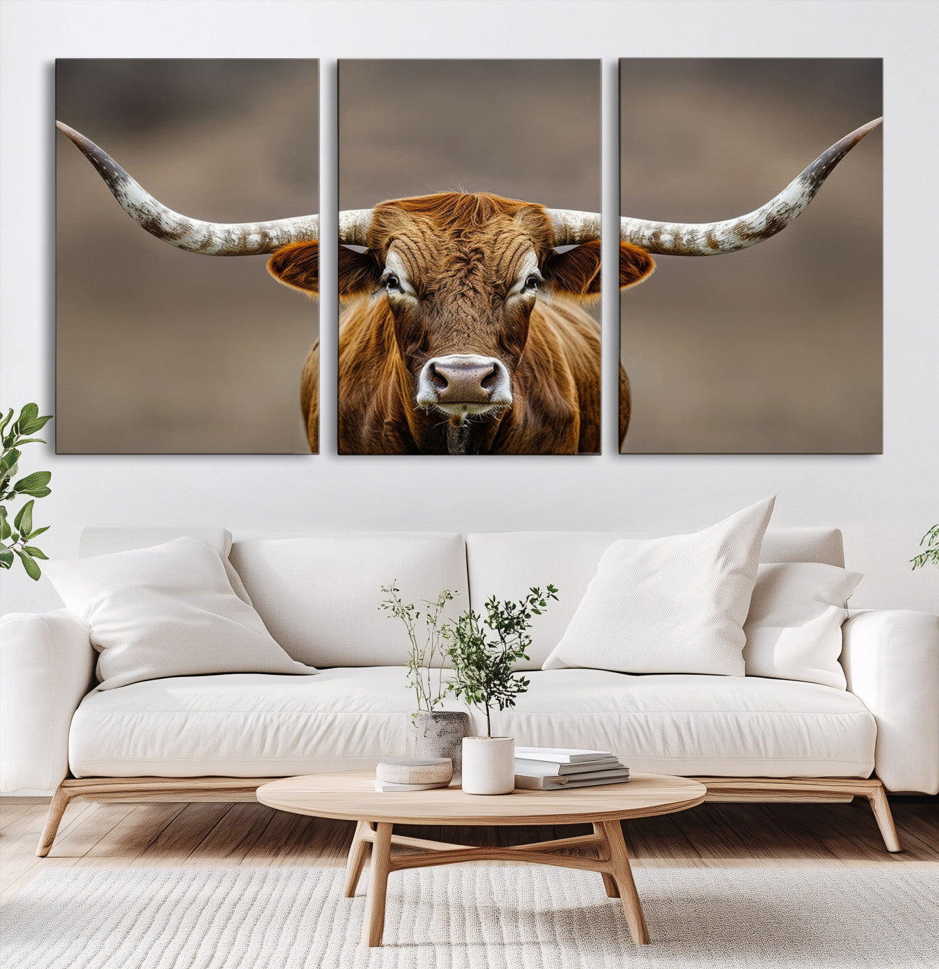 12179171-MGV-CV-60X30-3P-Texas Longhorn Wall Art Canvas Print – Brown Bull Rustic Ranch Western Cattle Nature Artwork for Home Office