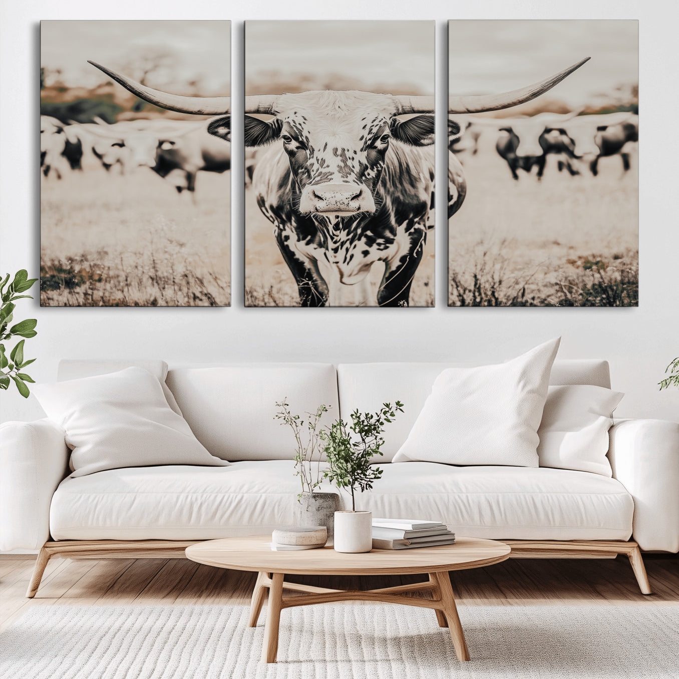 27497342-MGV-CV-36X24-Texas Longhorn Wall Art Canvas Print – Framed Speckled Bull Horned Cattle Rustic Western Artwork for Home Office