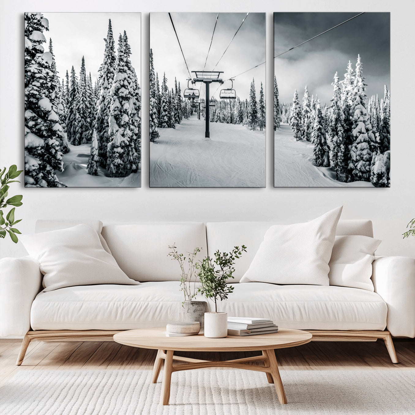 31156828-MGV-CV-36X24-Snowy Pines Wall Art Canvas Print – Framed Ski Lift Winter Forest Snowy Landscape Moody Lodge Artwork for Home, Office
