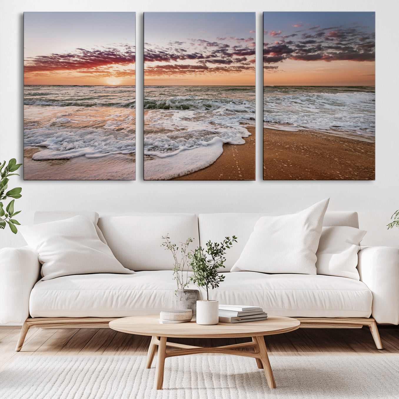 39846389-MGV-CV-36X24-Ocean Sunset Wall Art Canvas Print – Framed Sandy Shore Gentle Waves Coastal Landscape Minimalist Artwork for Home, Office