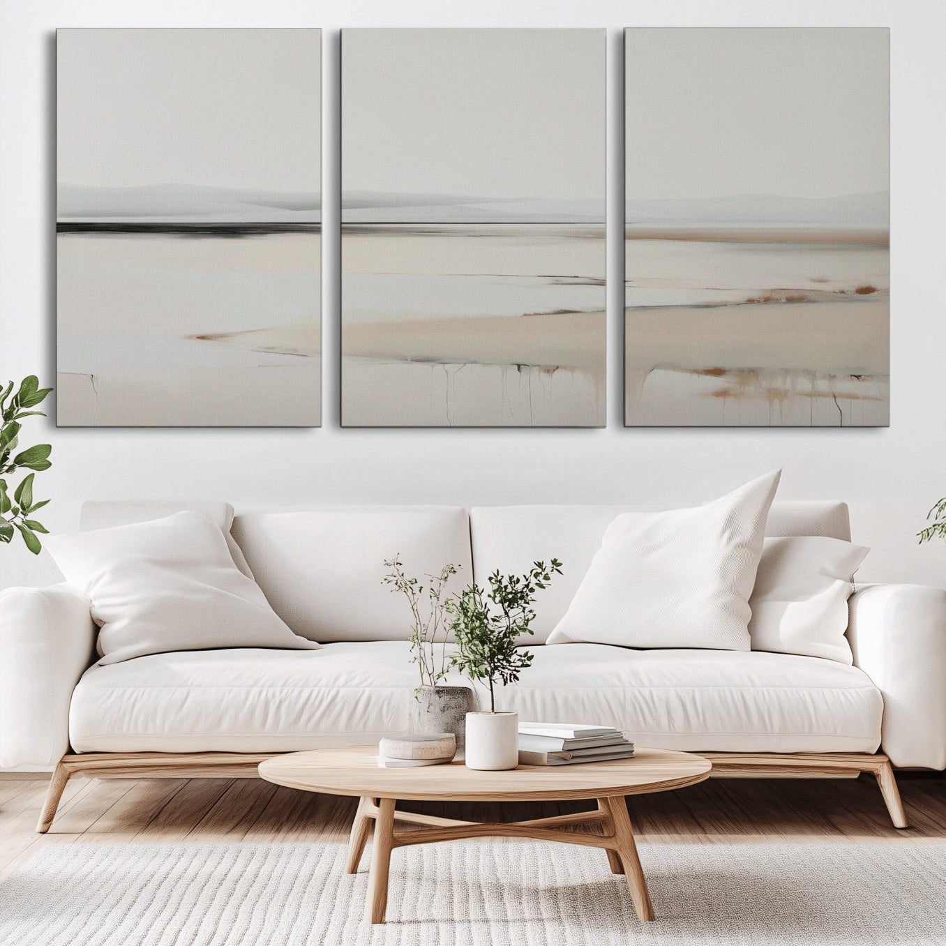 89410095-MGV-CV-36X24-Minimalist Landscape Wall Art Canvas Print – Framed Soft Horizon Abstract Seascape Earthy Tones Artwork for Home Office
