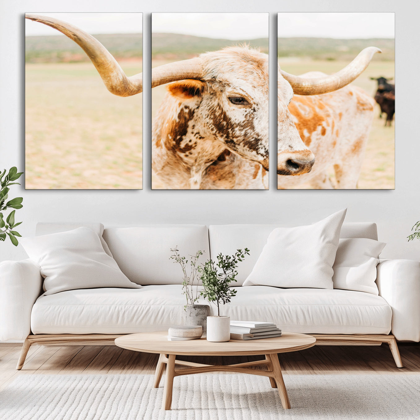 -Texas Longhorn Wall Art Canvas Print, Framed Spotted Cow Art Picture Print, Horned Cattle Perfect Rustic Western Decor Artwork